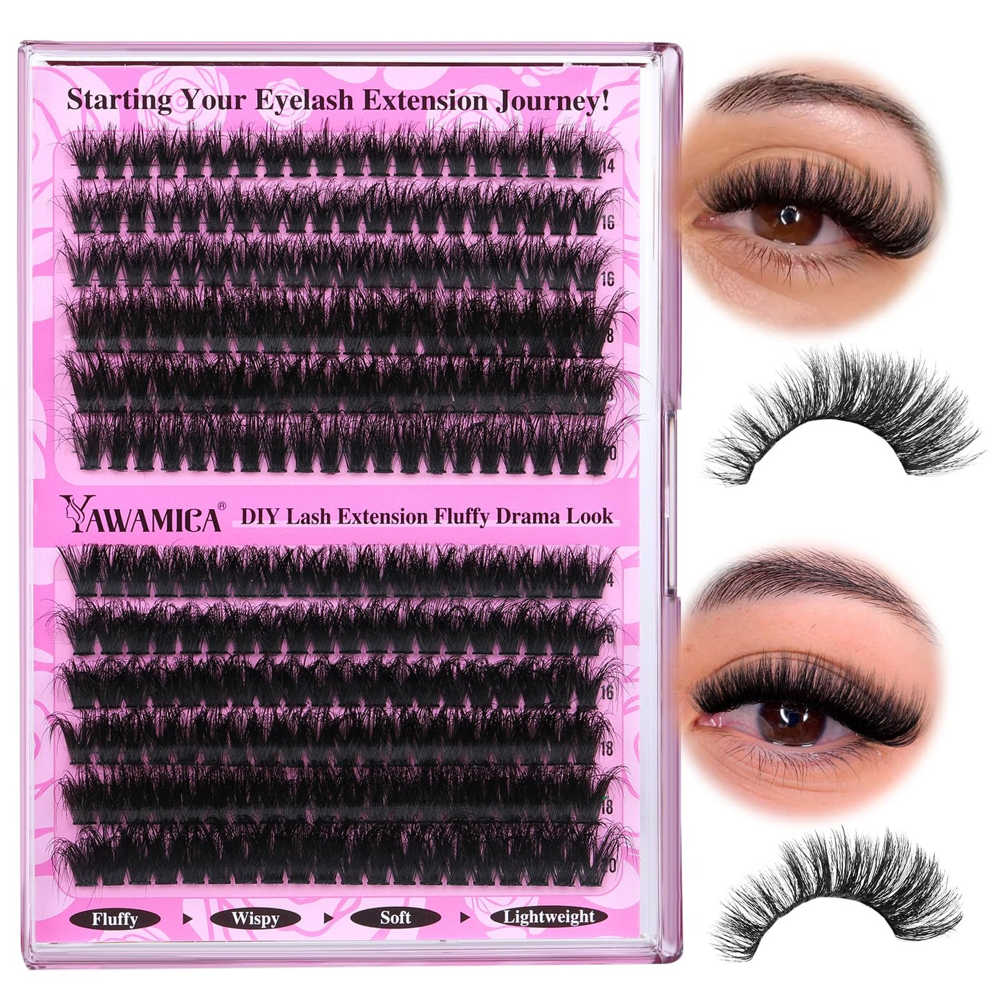 Yawamica Wispy Individual Lashes Clusters Fluffier Eyelash Extension 150D+200D Thick Volume Eyelash Clusters 14-20mm D Curly Lashes 240pcs DIY Lash Extension for Beginners, Black