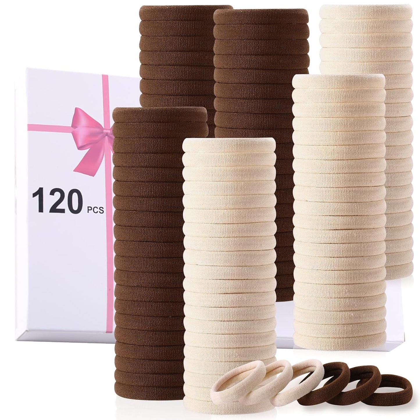LuSeren 120PCS Soft Hair Ties - Ouchless Nylon Ponytail Holders | Seamless Fabric, Natural Colors