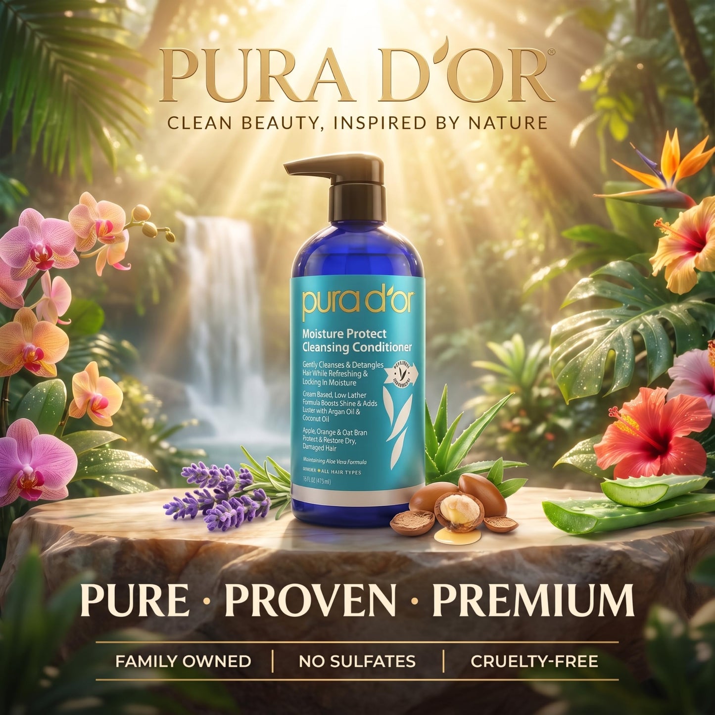 PURA D’OR Moisture Protect Cleansing Conditioner (16oz) Detangles & Restores Hair with Argan Oil, Lavender, No Sulfate, All Hair Types, Men & Women (Packaging may vary)
