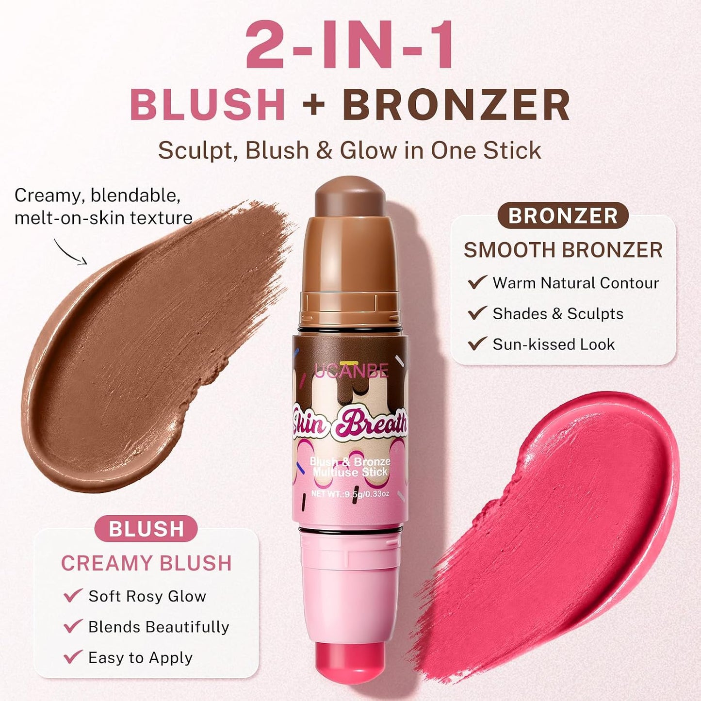 UCANBE Blush & Bronzer Stick - 2-in-1 Cream Makeup for Natural Glow | Travel-Friendly, 04 Blooming Rose
