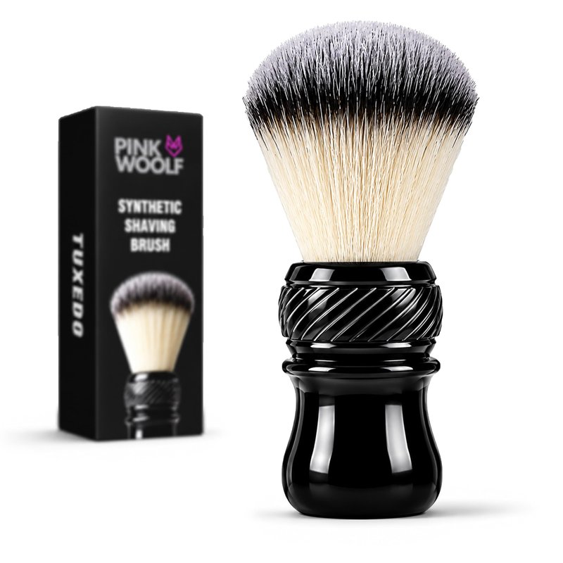 Pink Woolf Synthetic Shaving Brush for Men – 24mm Tuxedo Knot, Quick-Dry Soft Bristles, Compact Travel Shave Brush for Rich Lather with Soap or Cream – Black Handle