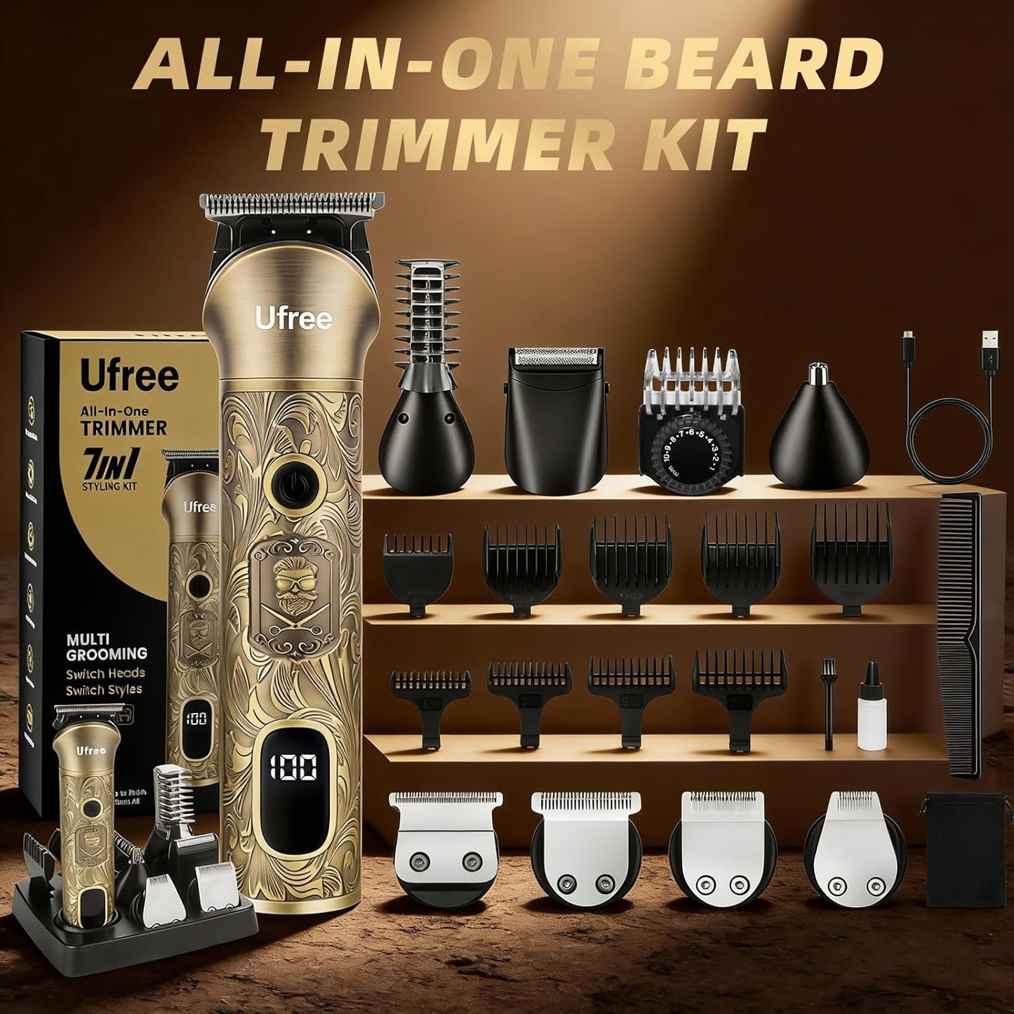 Ufree Beard Trimmer for Men - Cordless Electric Hair Clipper & Grooming Kit | Adjustable Mustache & Facial Hair Shaver