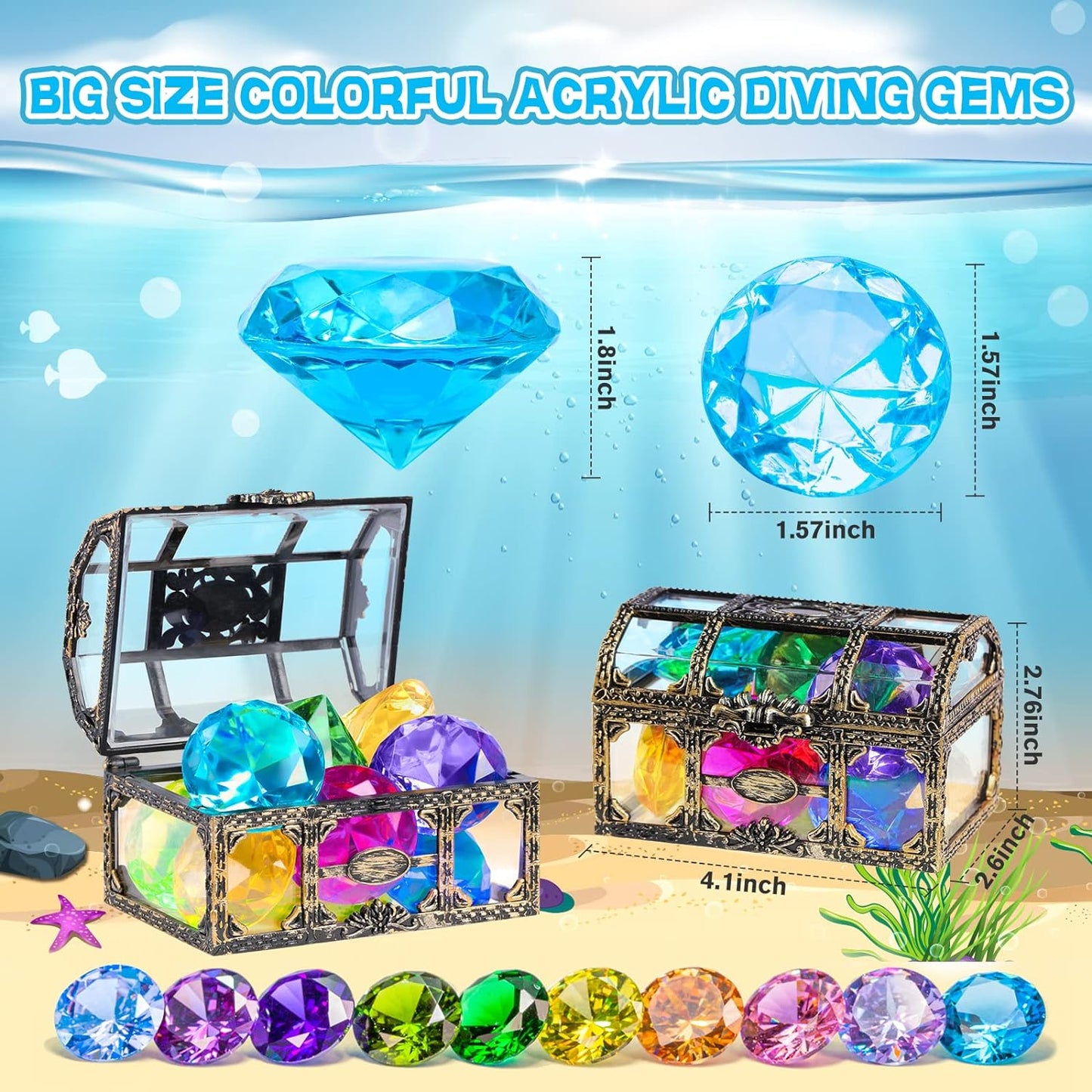 Colorful Diving Gem Pool Toy Set - 10PCS Treasure Chest Gems for Kids | Underwater Fun for Swimming Parties
