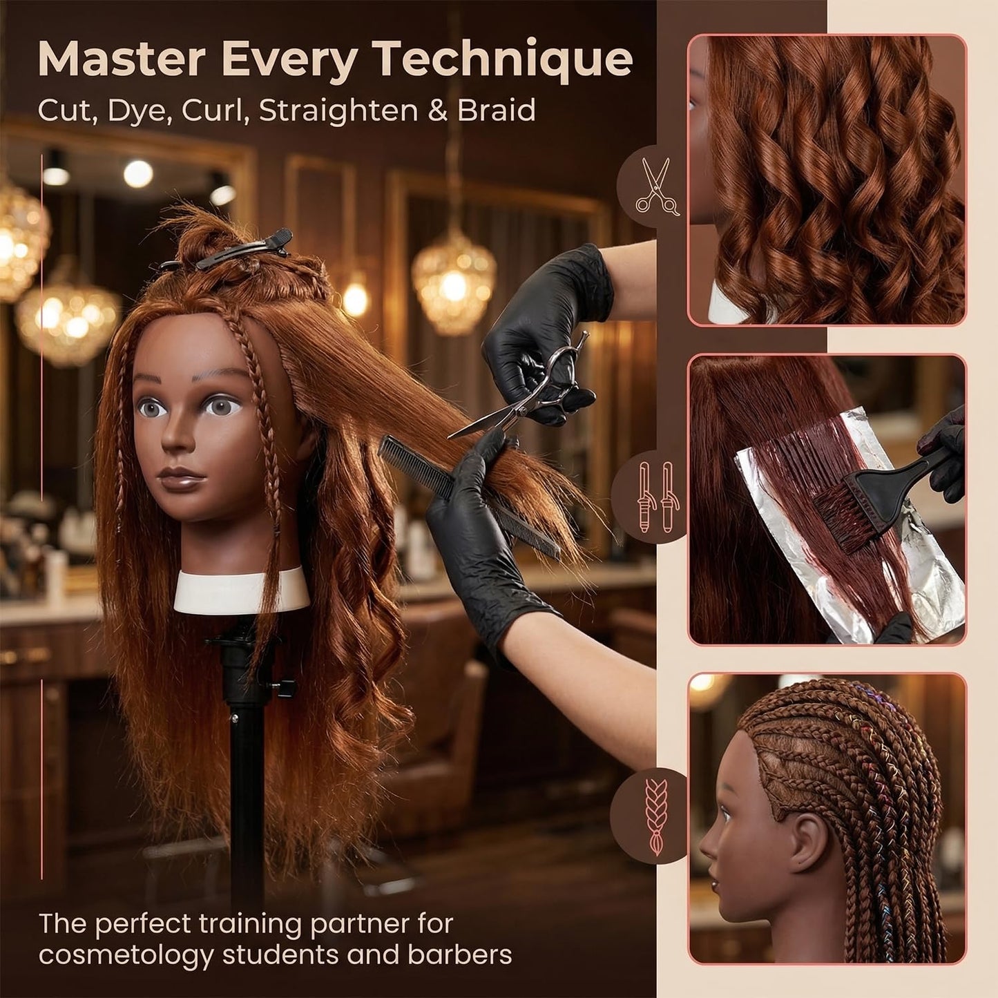 100% Human Hair Mannequin Head - 16 Inch Braiding Practice Doll with Clamp Stand | Brown