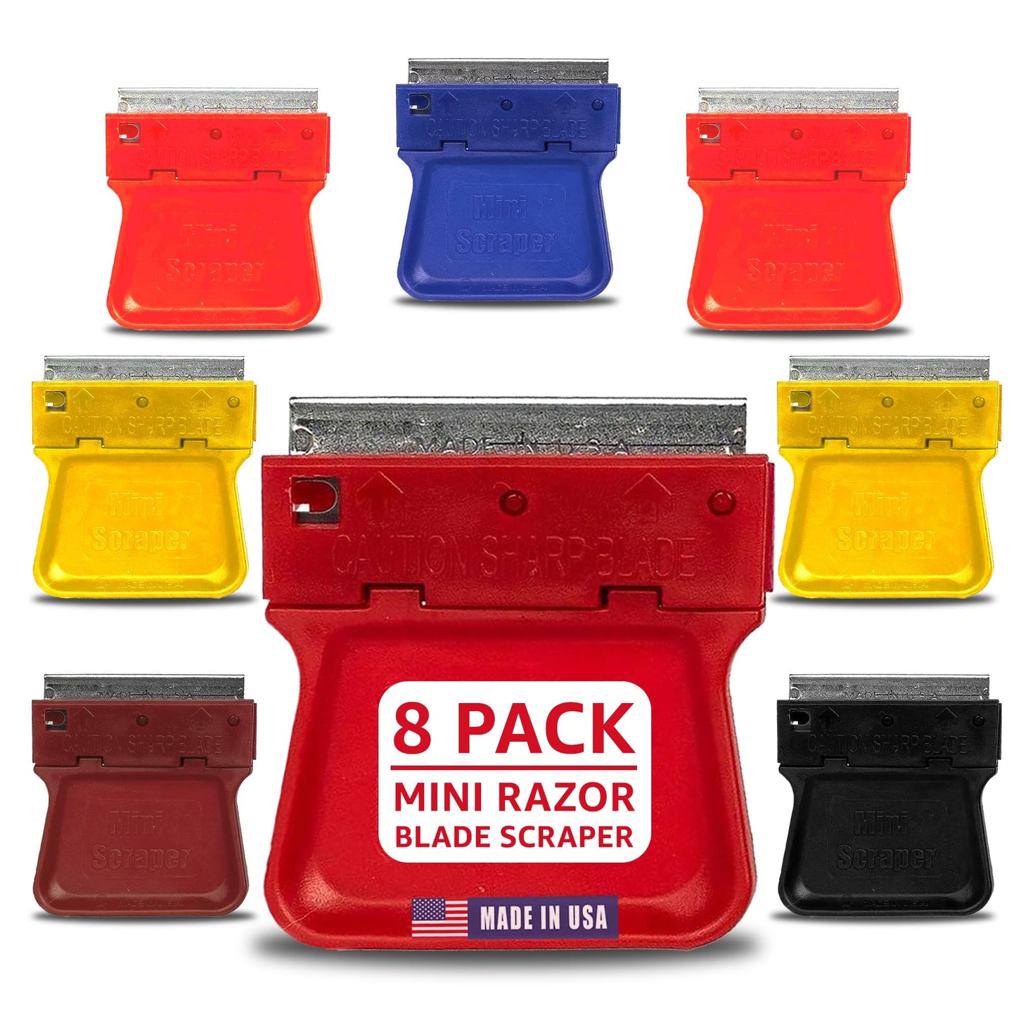 MINISCRAPER® Original Mini Scraper – 8 Pack | Safe Plastic Razor Blade Scraper for Stickers, Labels, Paint, Adhesive, Glass, Auto, Kitchen & Craft Use | USA‑Made, High‑Visibility Colors