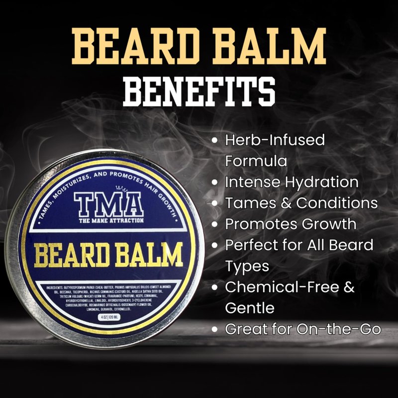 The Mane Attraction Beard Balm for Men – Moisturizing Beard Butter with Shea Butter & Beeswax – Softens, Conditions & Light Hold Styling – Castor & Rosemary Oils – Frizz Control – 2oz
