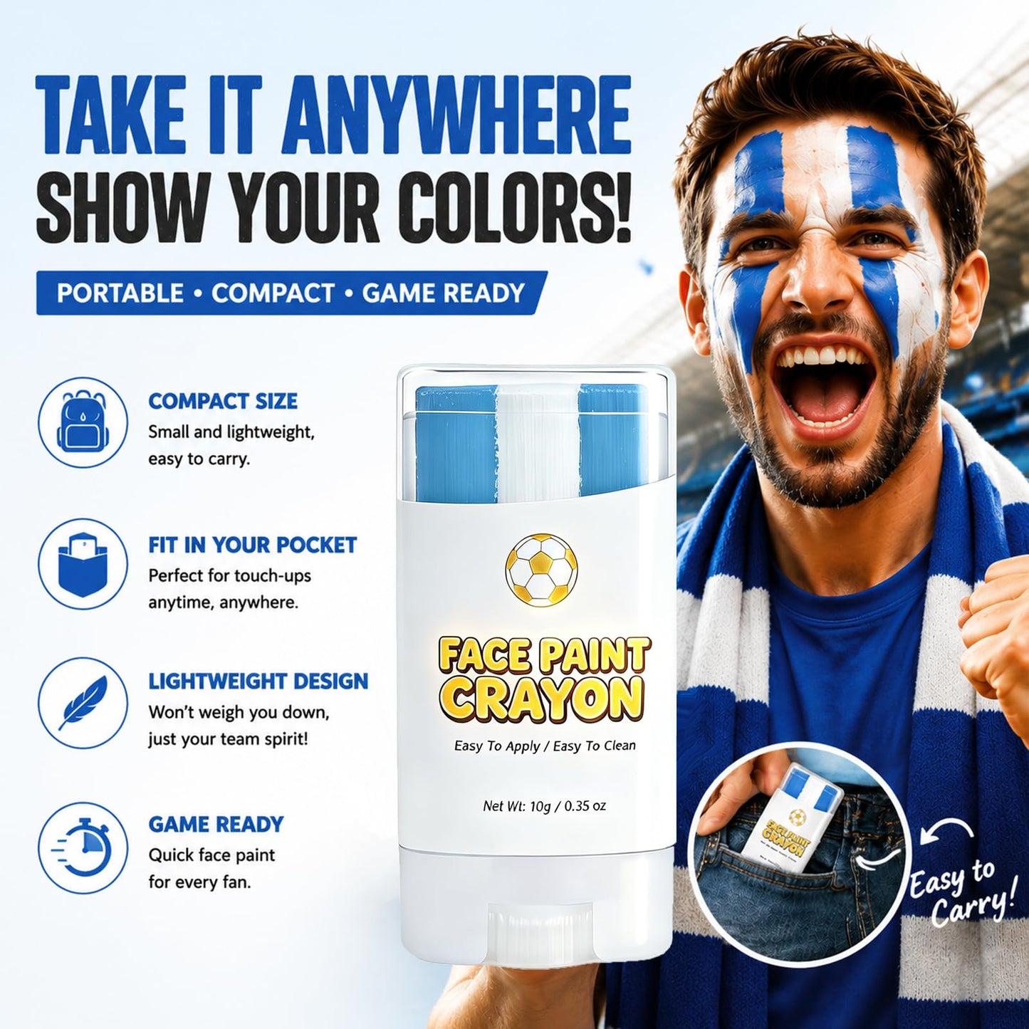 Face Body Paint Stick Blue White Blue,Argentina Soccer Fan Face Paint Crayon for World Cup 2026,One Swipe Game Day Face Makeup,Washable Flag Face Paint,Non-Toxic,for Softball,Football,Baseball