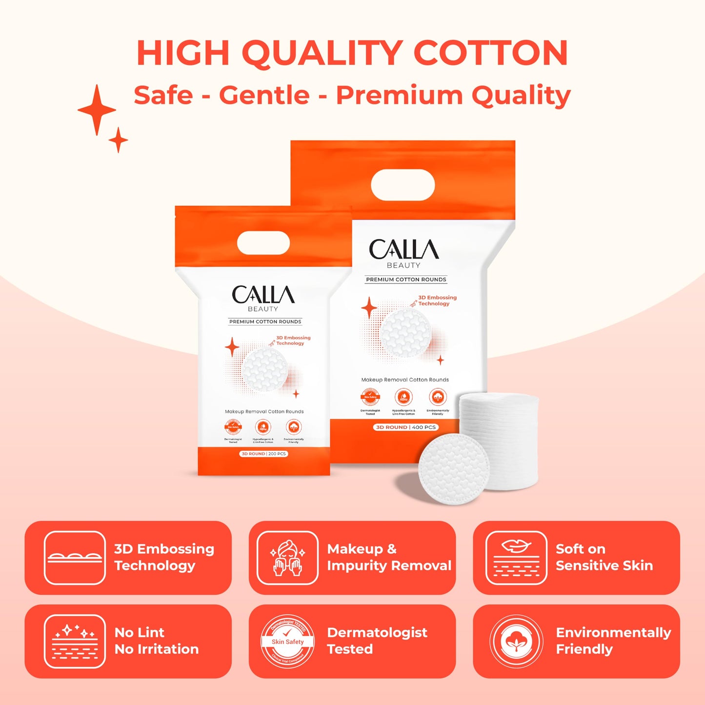 CALLA BEAUTY 3D Cotton Rounds for Face (400 Counts) - Premium 3D Embossing Technology - Textured Thick Cotton Pads, Tear-Resistant & Low Lint Makeup Remover Pads, Absorbent Toner Pads