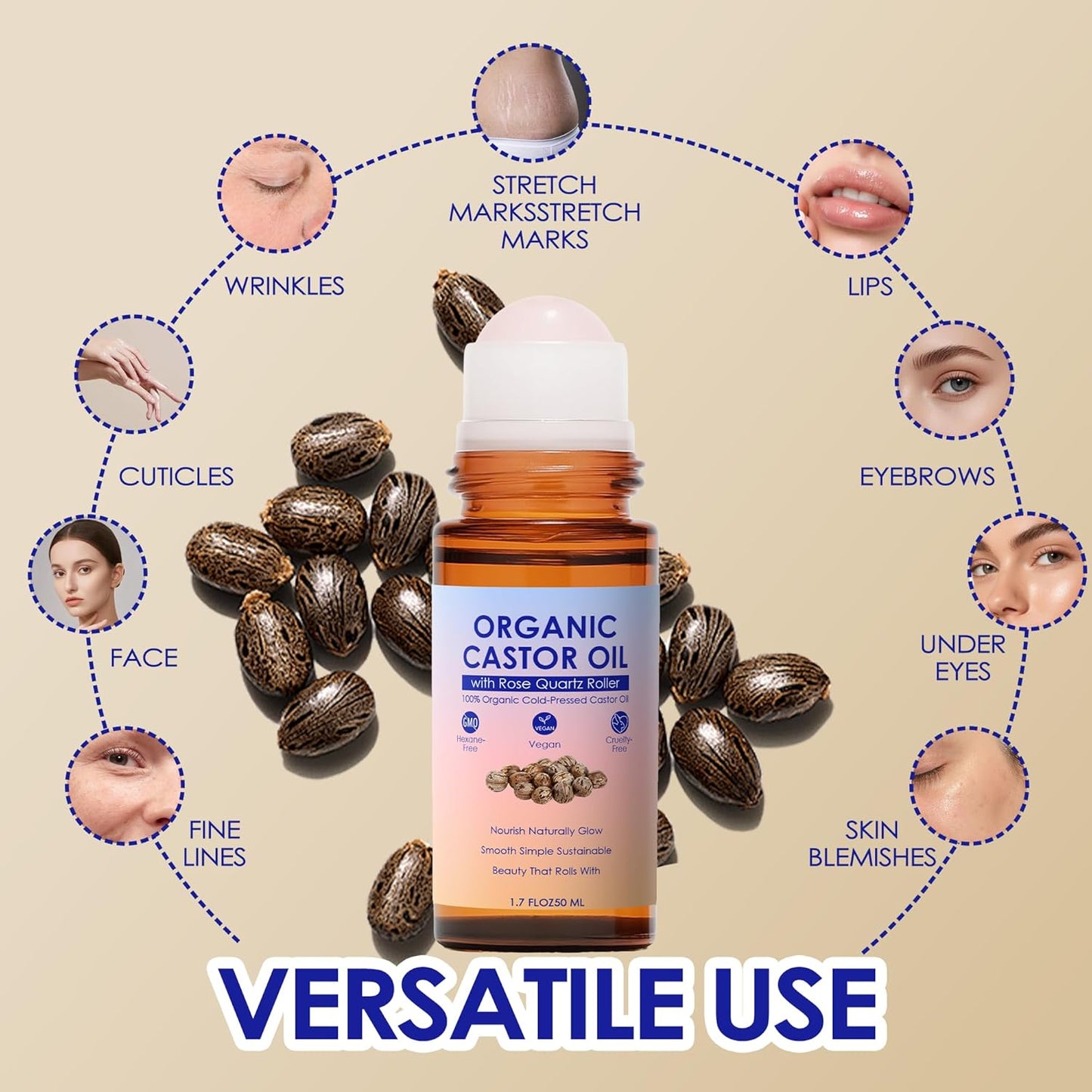Castor Oil Rose Quartz Roller - 100% Pure Cold-Pressed Oil for Hair Growth, Eyelashes & Skin Care | 1 oz