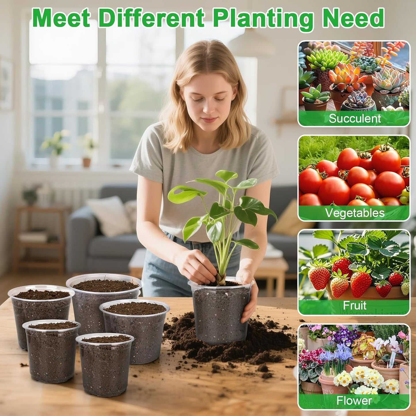 Large Clear Nursery Pots - 10/8/6/5 Inch with Drainage Holes | 16 Pack Plastic Plant Pots for Succulents & Seedlings