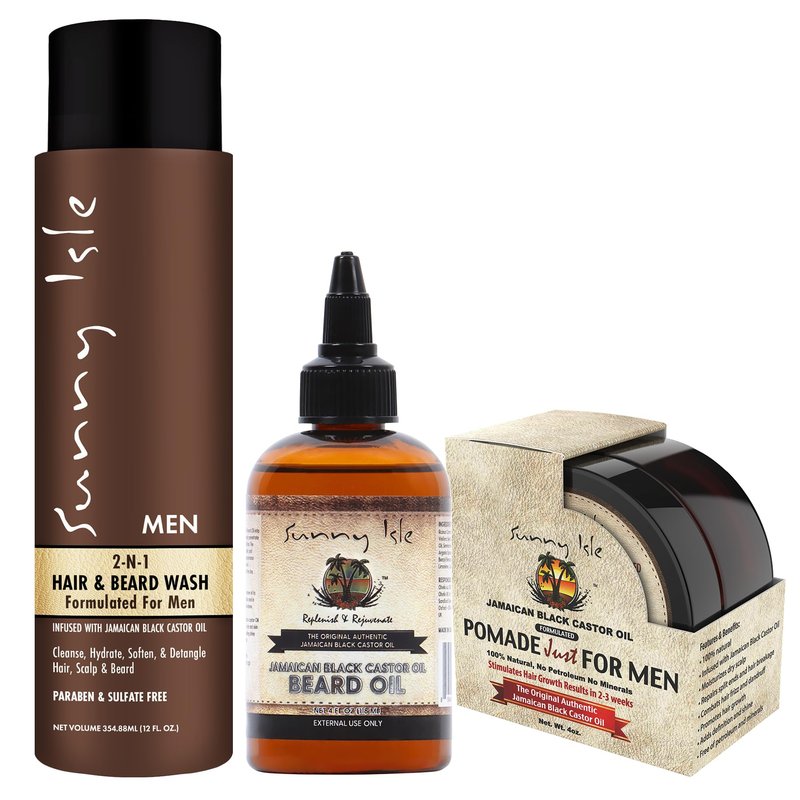 Sunny Isle JBCO 2-N-1 Hair & Beard Wash Formulated for Men 12oz with Beard Oil and Pomade 4oz Set
