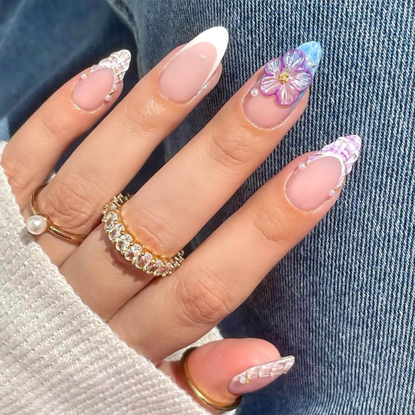 3D Flower Press-On Nails - Medium Square Pink French Tip with Star Rhinestones | Full Cover Artificial Nails for Women