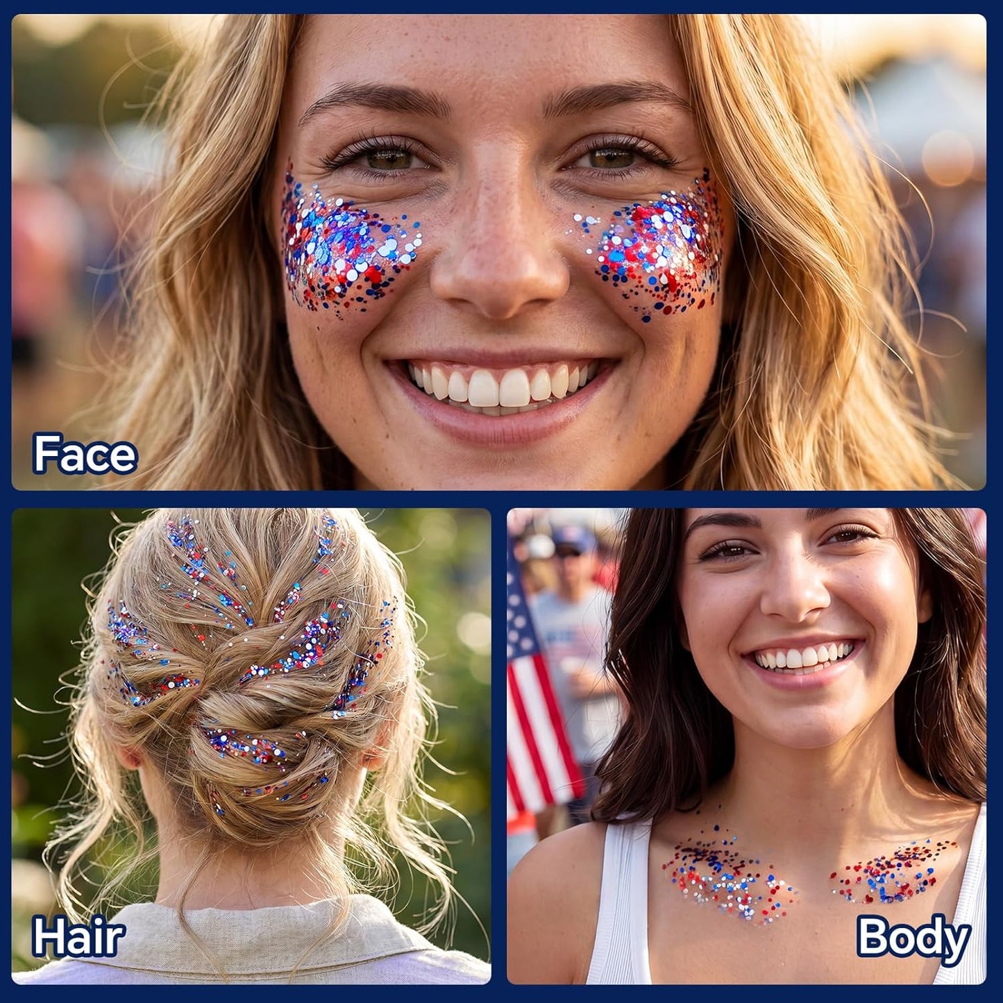 Patriotic Face & Body Glitter Stick - Holographic Red, White & Blue Chunky Makeup for 4th of July | Independence Day Celebration