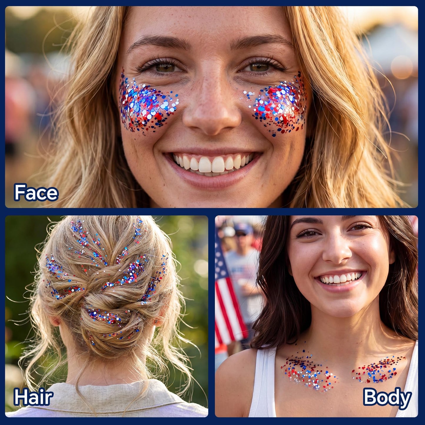 Red White Blue Sparkle Patriotic Glitter Stick - Face Hair Body Glitter, Waterproof, 4th of July 250th Independence Day USA Flag Makeup, Soccer World Cup, Memorial Veterans President's Day