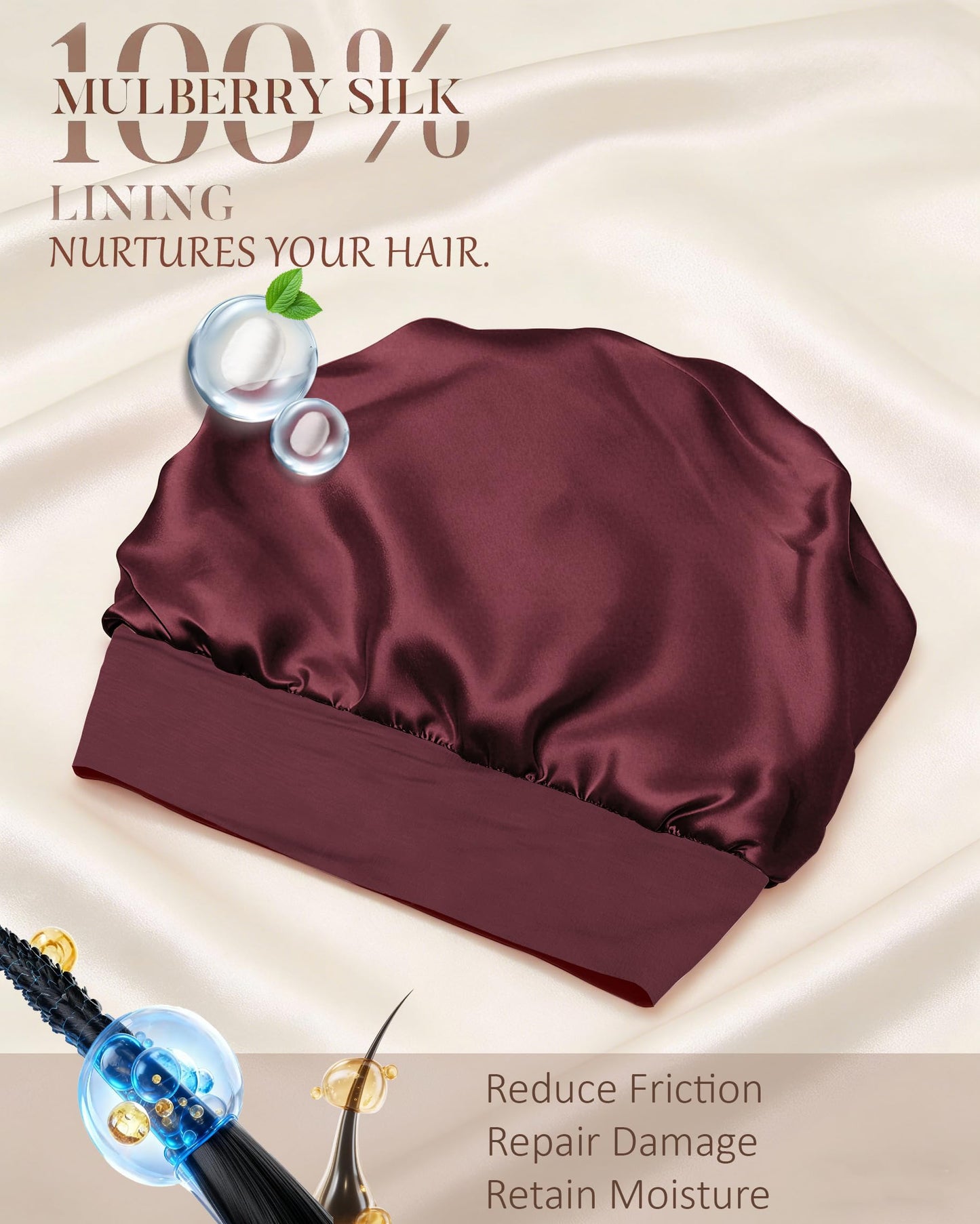 100% Mulberry Silk Lined Bonnet for Sleeping Women Men, Bonnets for Curly Hair,Braid Sleep Cap Black Womens,Not Satin