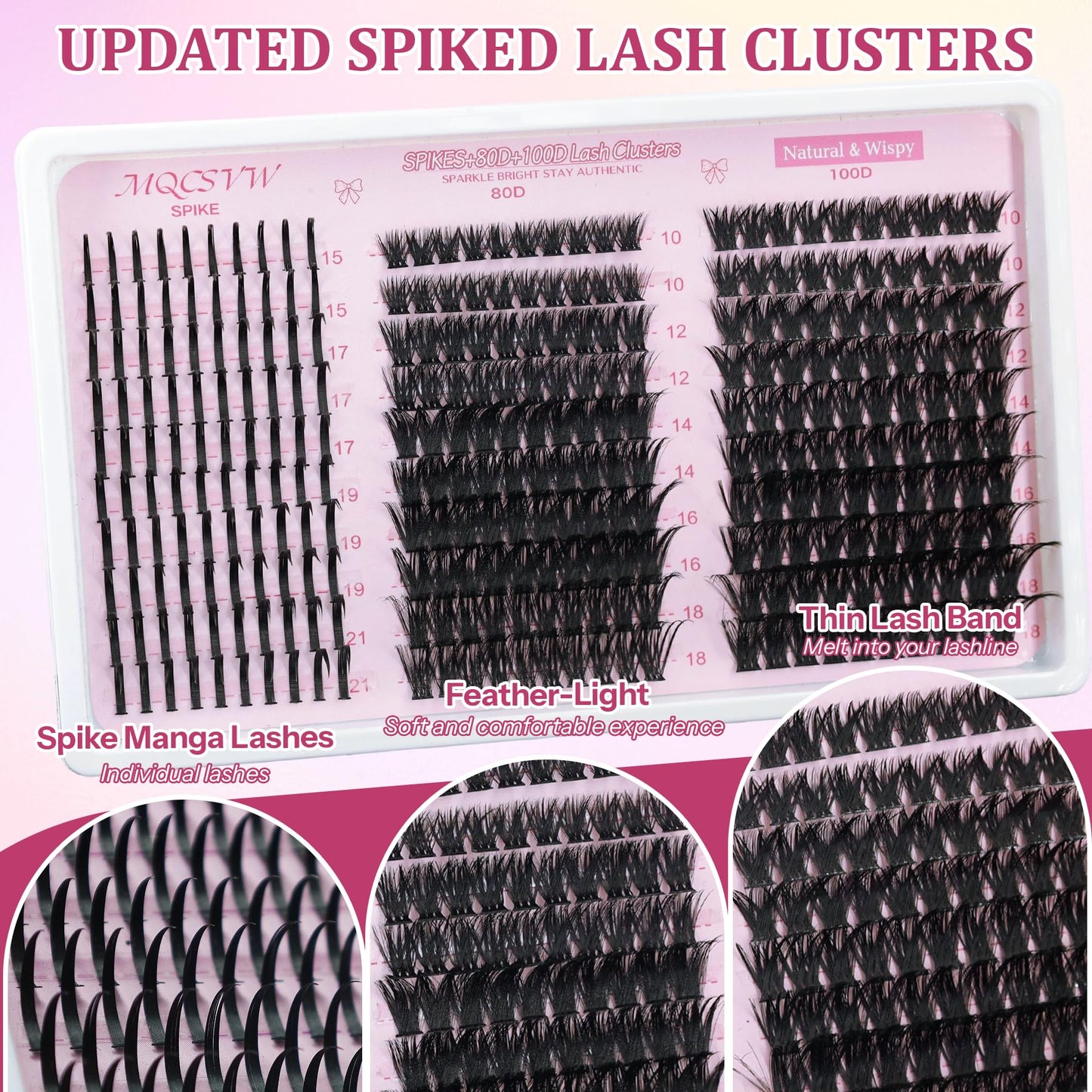 Lash Clusters Spikes 80D 100D Long 10-21mm Cluster Eyelash Extensions Kit, Wispy Thick Volume Lashes Clusters,300pcs Individual Lashes DIY Spiky Manga with Lash Strips, Bond Seal Tweezers