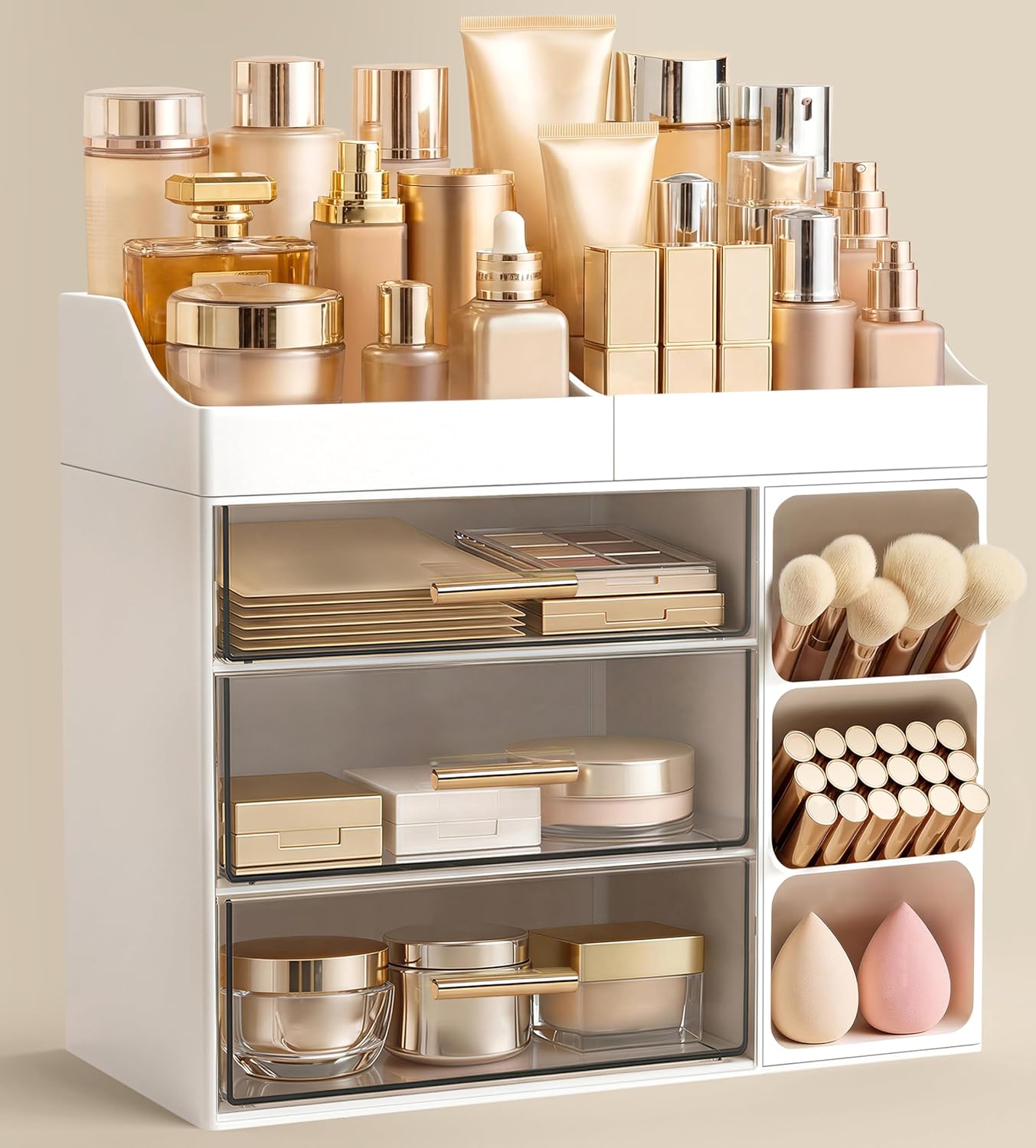 Makeup Organizer with Brush Holder - Large Bathroom Countertop Storage | Pink Dresser Organizer for Vanity