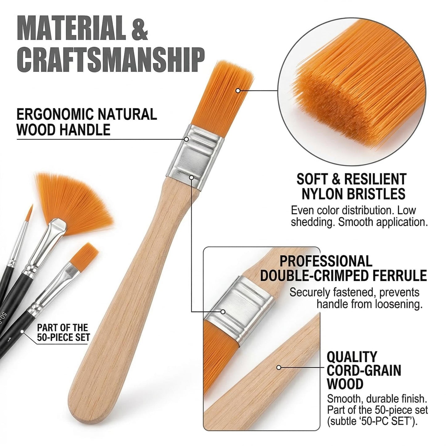 Nylon Paint Brush Set 50pcs, Short Wood Handle Art Brushes for Gouache, Soft Flat Paint Brushes for Wall Art and Craft Projects, Portable Brush Kit for Painting and Keyboard Cleaning