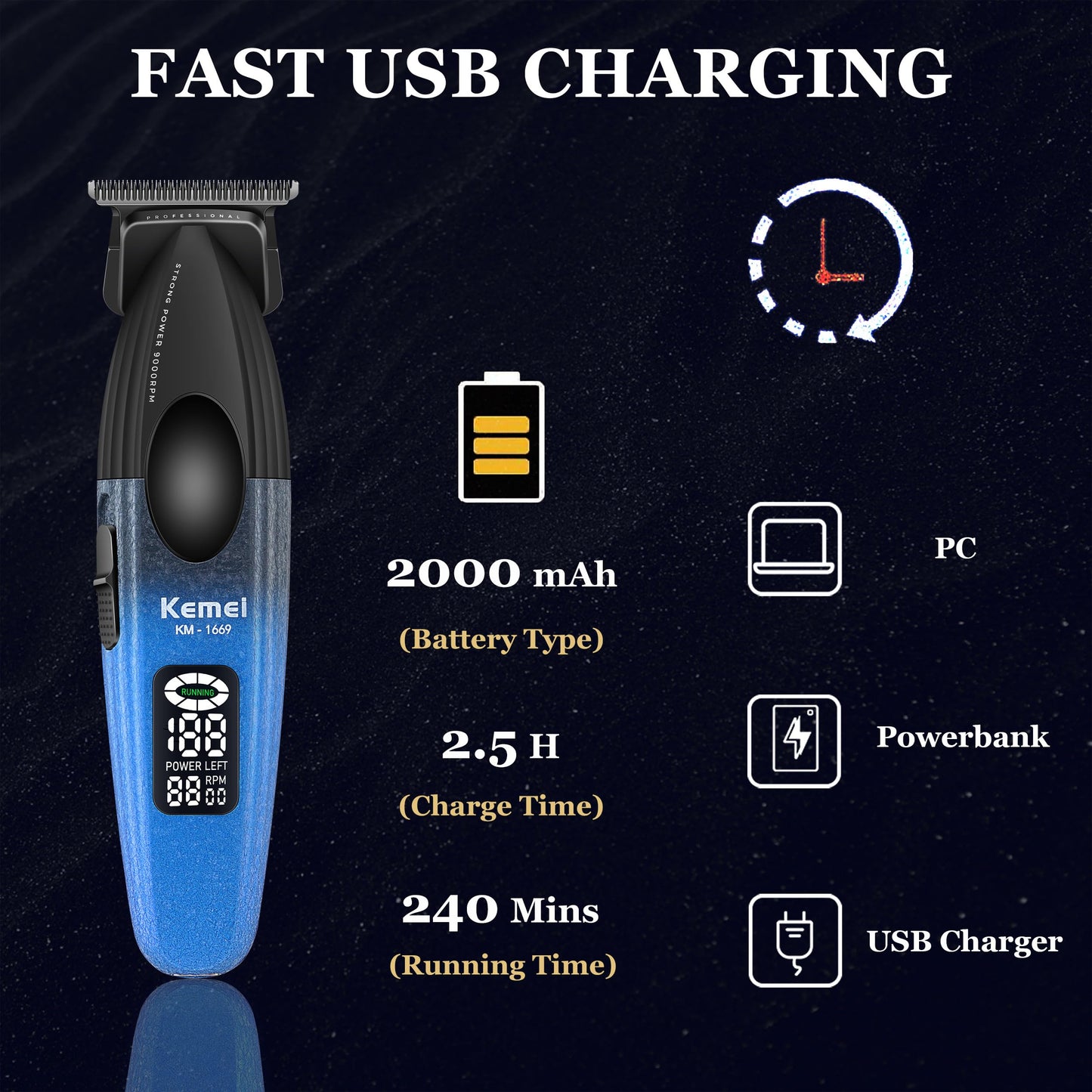 KEMEI 1669 Beard Trimmer for Men, Cordless Hair Trimmers with LED Display, 9000 RPM Hair Clippers for Barber with Charging Base, DLC Coated T-Blade