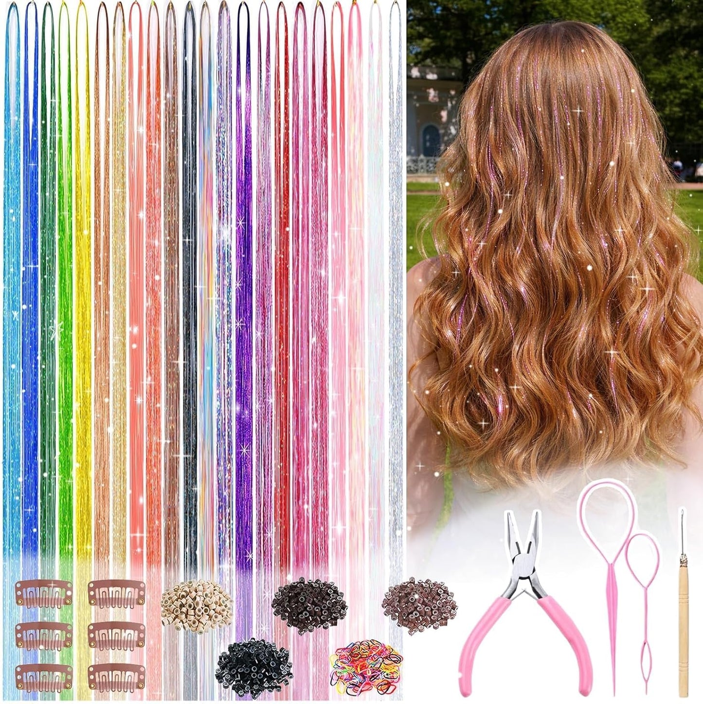Hair Tinsel Kit - 22 Colors Glitter Hair Extensions for Girls & Women | 48 Inch, 8800 Strands