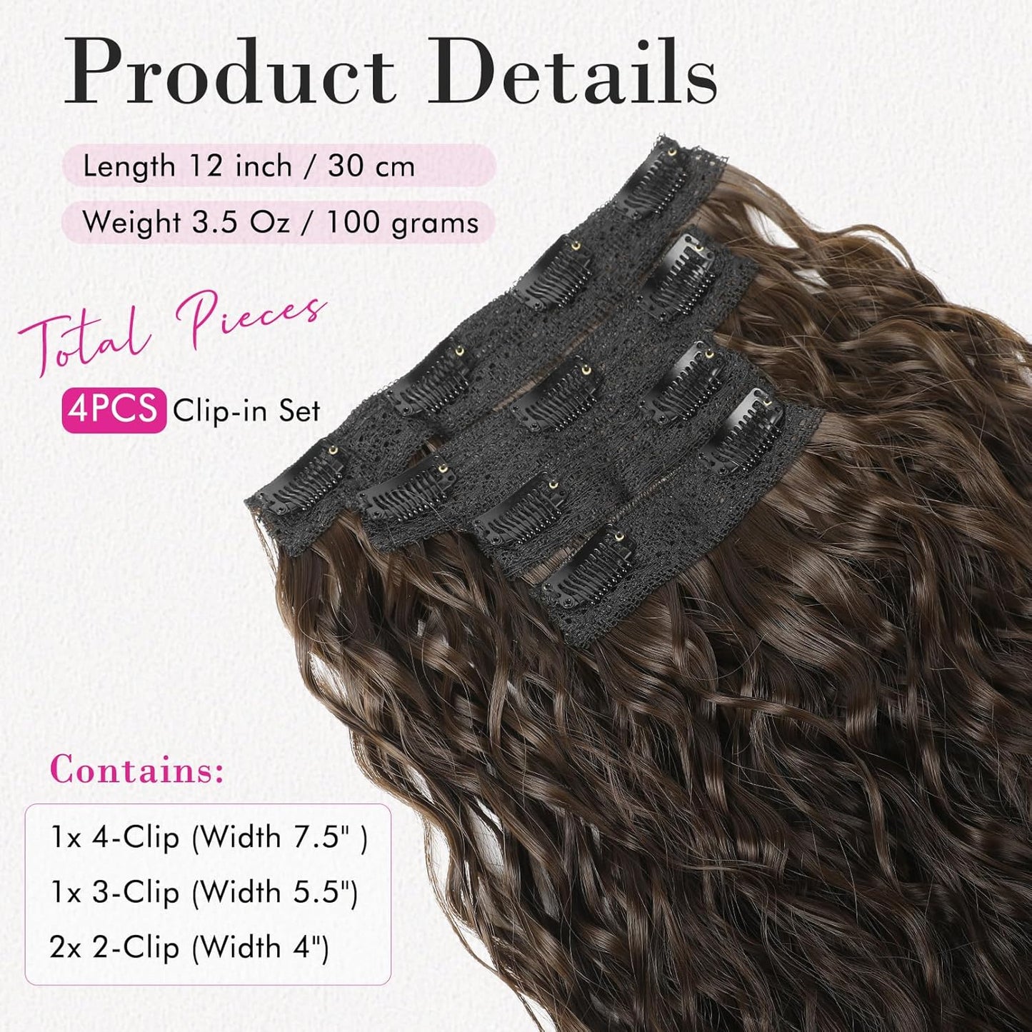 REECHO Clip-In Hair Extensions - 4PCS Short Curly Wavy 12" Chestnut Brown Lace Weft Hairpieces for Women