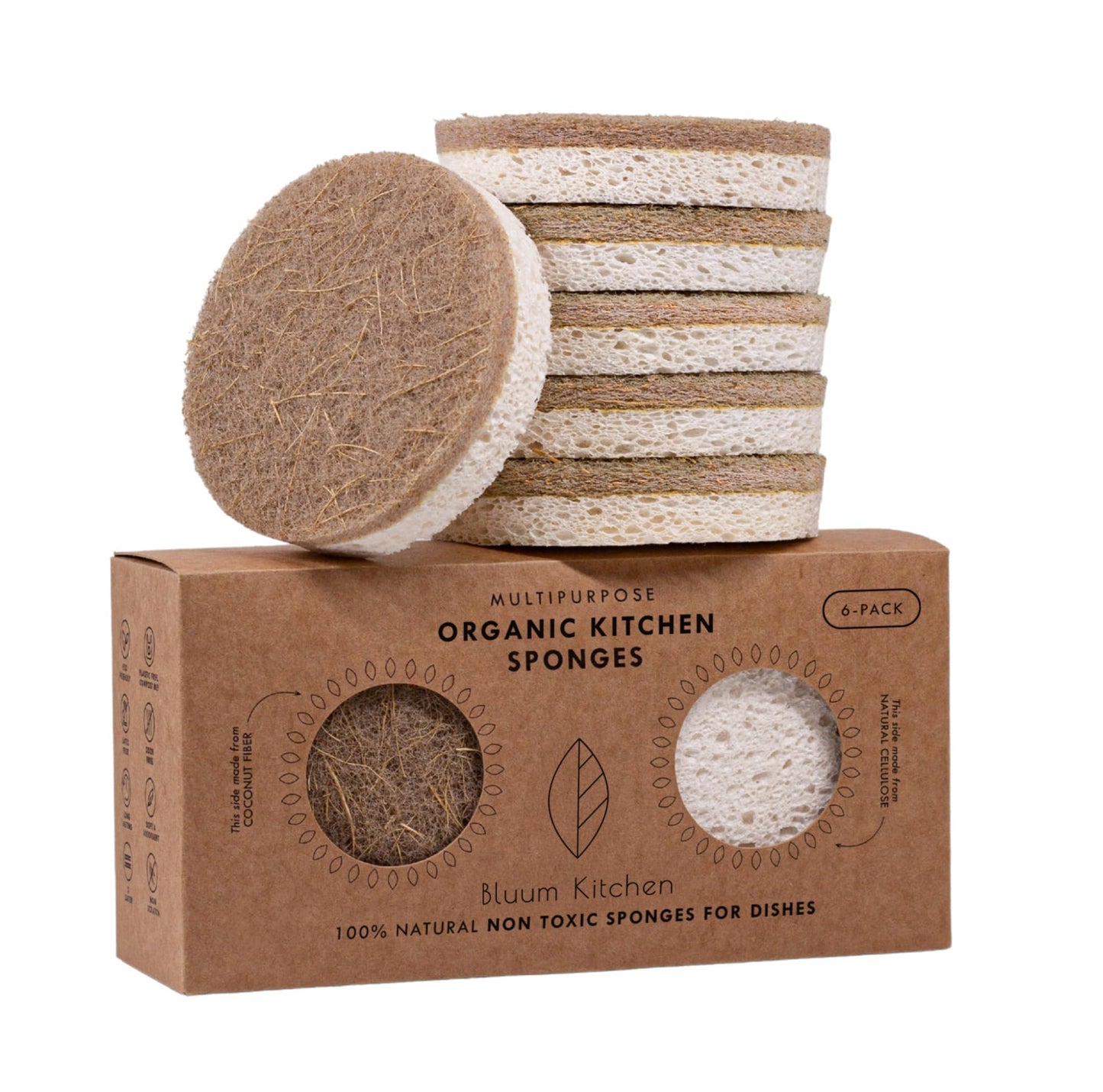 Bluum Kitchen Organic Kitchen Sponges 6-Pack – Non Toxic Sponges for Dishes, Natural Dish Sponge Set, Plant Based Cellulose & Coconut Fiber Sponge, Biodegradable, Compostable, Eco Friendly