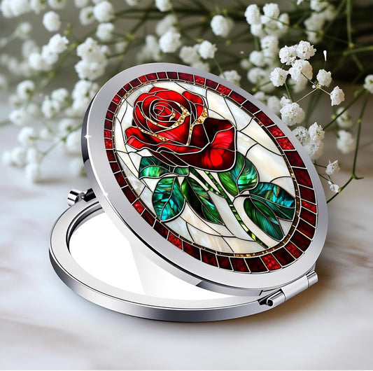 Silver Compact Mirror - Double-Sided Folding Makeup Mirror with Red Rose Design | 2.8 x 2.8 Inches, Perfect Gift for Women