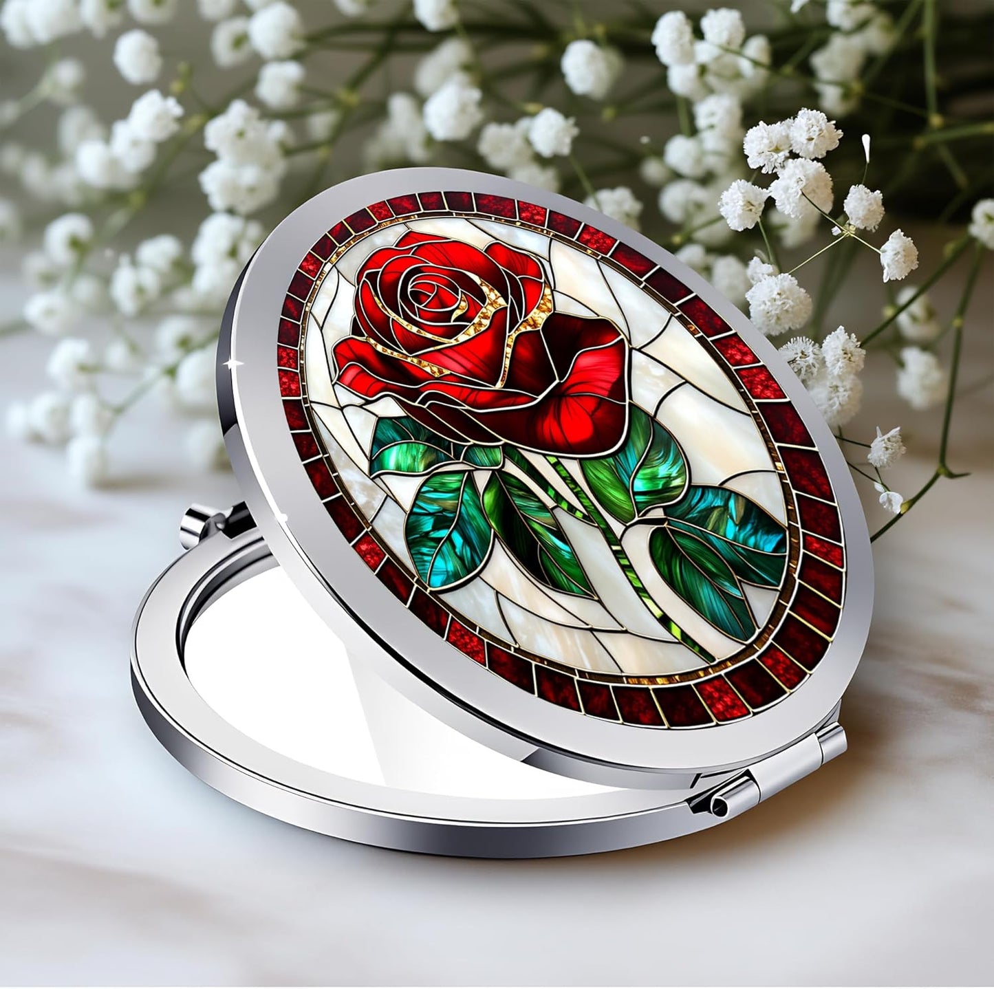 Compact Double-Sided Makeup Mirror - Silver Folding Design with Blue Lotus Moon | 2.8x2.8 Inch Gift for Women