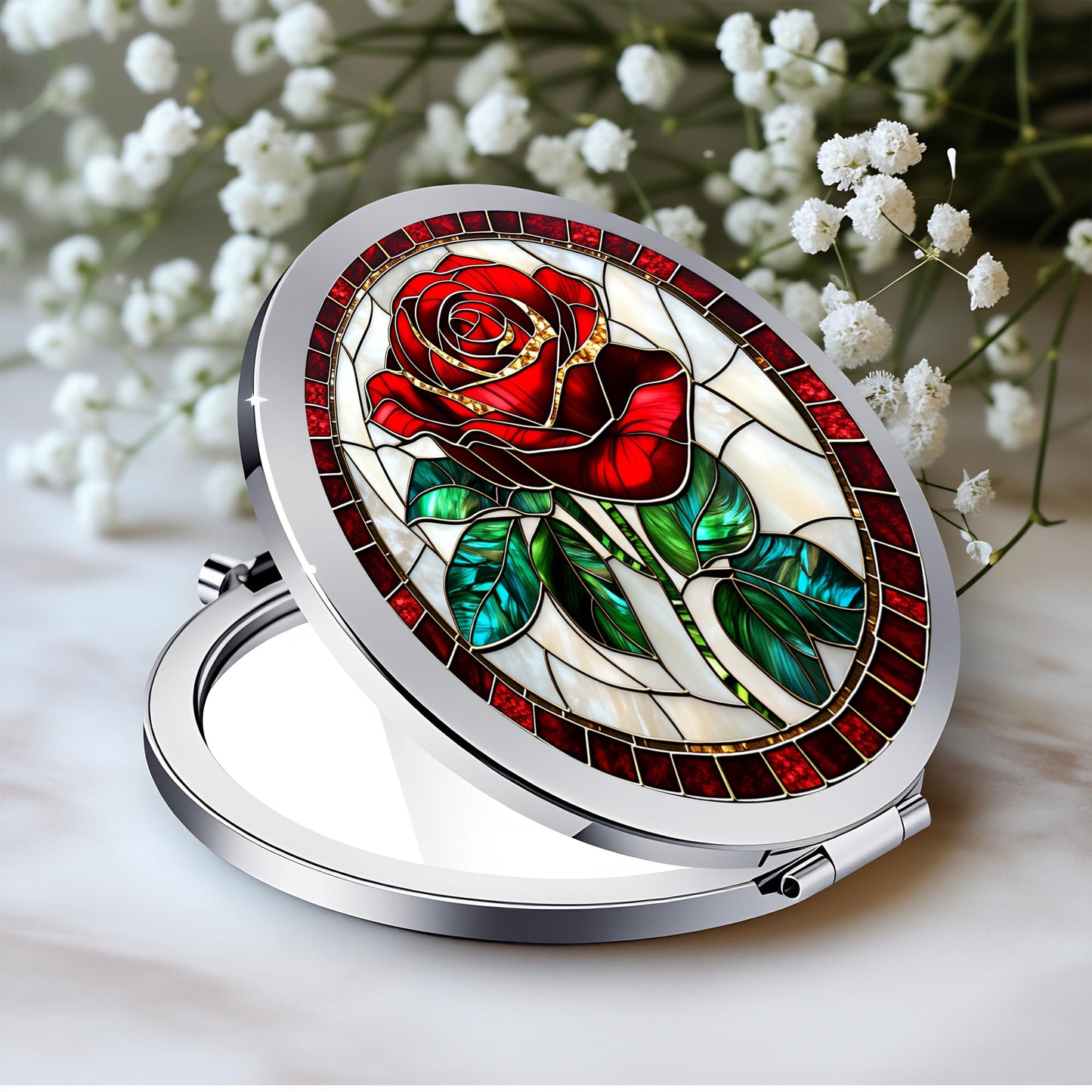 Silver Compact Mirror, 2.8x2.8inch Double-Sided Folding Makeup Mirror with Red Rose Stained Design, Ideal Gift for Women