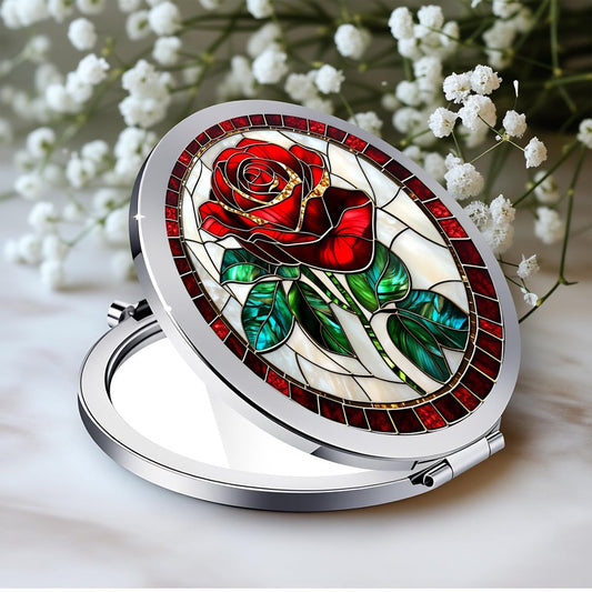 Silver Compact Mirror, 2.8x2.8inch Double-Sided Folding Makeup Mirror with Red Rose Stained Design, Ideal Gift for Women