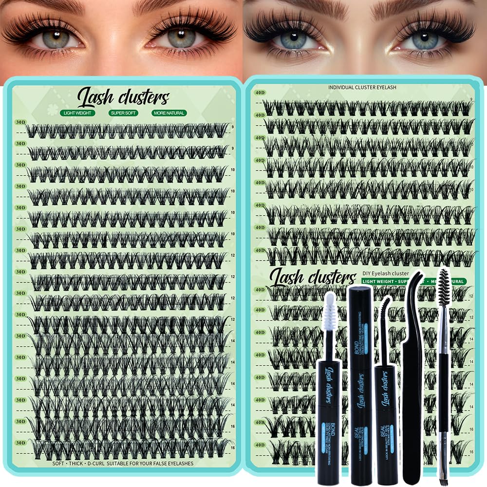 Lash Clusters Kit - 640pcs Wispy 30D/40D D Curl Individual Extensions | Natural 9-16mm with Bond, Seal & Tweezers