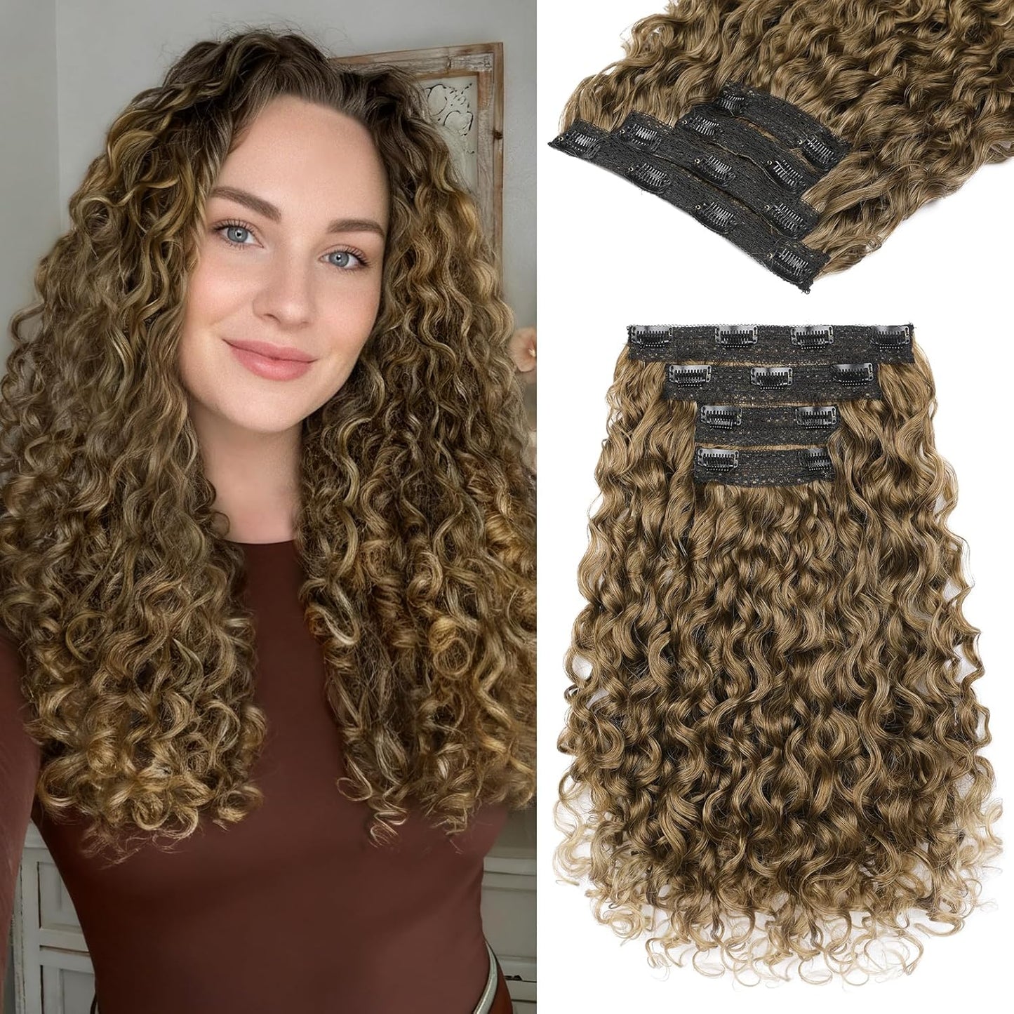 Curly Hair Extensions - 4PCS 18" GoGo Curly Clip-Ins | 100% Protein Hairpieces, Honey Blonde Highlights
