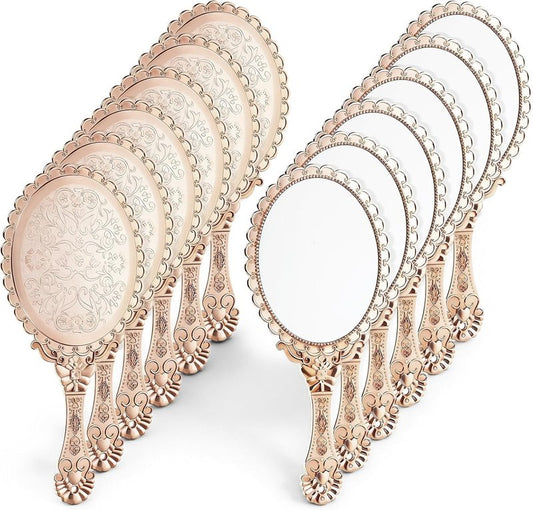 Vintage Handheld Mirrors - 12 Pcs Rose Gold Embossed Flower | Portable Compact Makeup Mirrors for Women, 9.8" L x 4.5" W