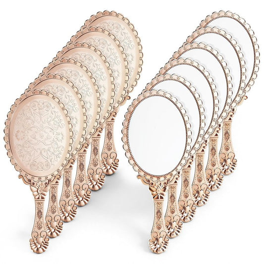 12 Pcs Vintage Handheld Mirrors, 9.8" L x 4.5" W Rose Gold Embossed Flower Portable Princess Mirror Portable Hand Held Embossed Flower Retro Compact Mirror with Handle for Women Princess Party Makeup