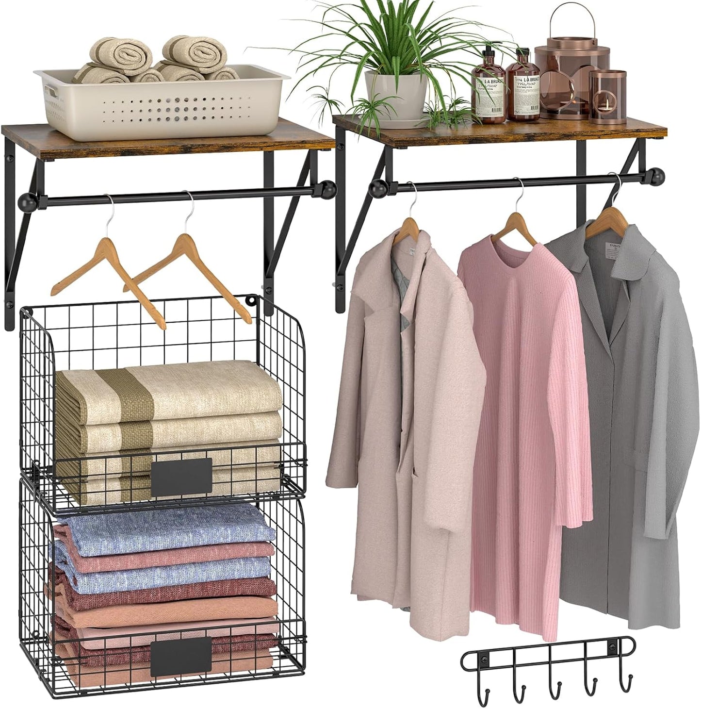 Wall Mounted Laundry Room Shelves - Over Washer & Dryer Shelf with Wire Baskets & Drying Rack | Black Wood & Metal