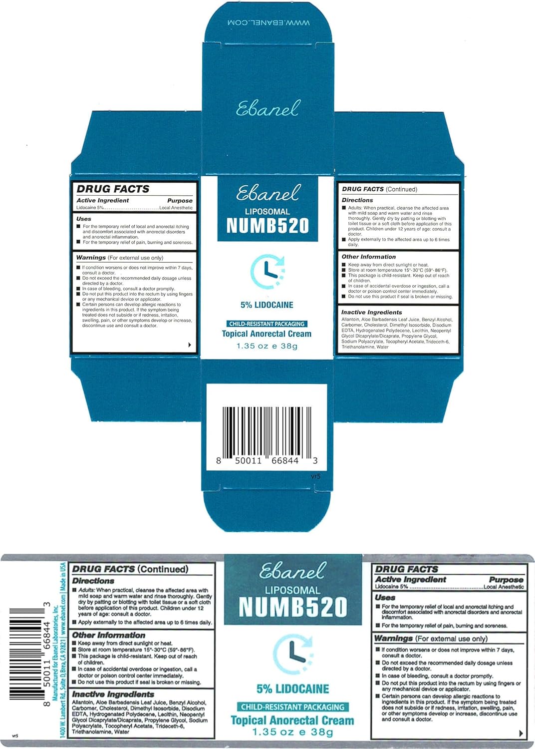 Ebanel 5% Lidocaine Numbing Cream - Maximum Strength Pain Relief for Hemorrhoids & Burns | 1.35 Oz