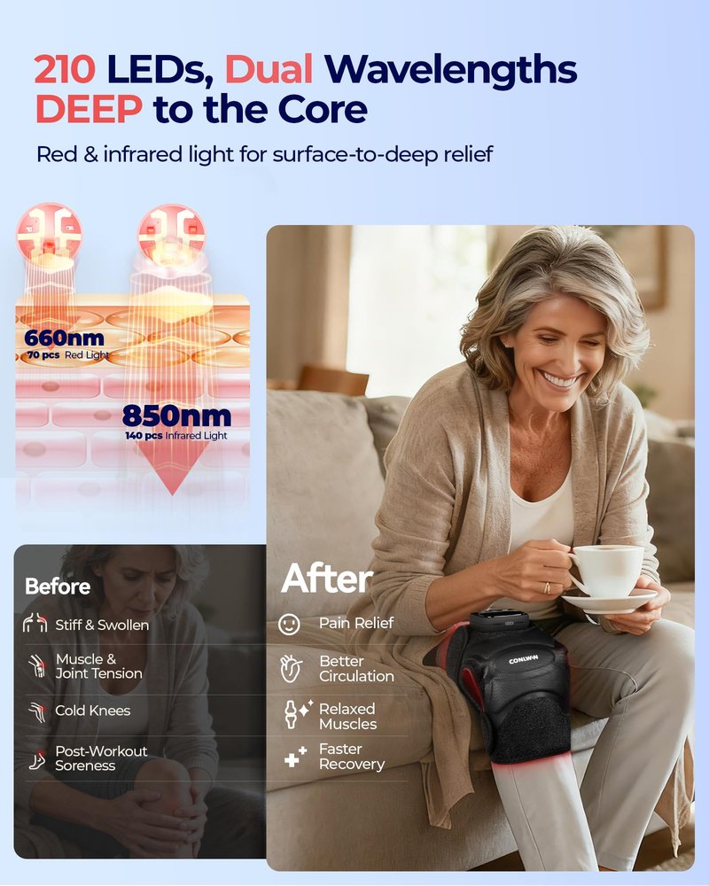 CONLWIN 4-in-1 Cordless Knee Massager with Heat and Red Light Therapy for Knees, 6 Vibration & 4 Pulses Knee Pain Relief Device for Shoulder Elbow, Perfect for Women Men Seniors