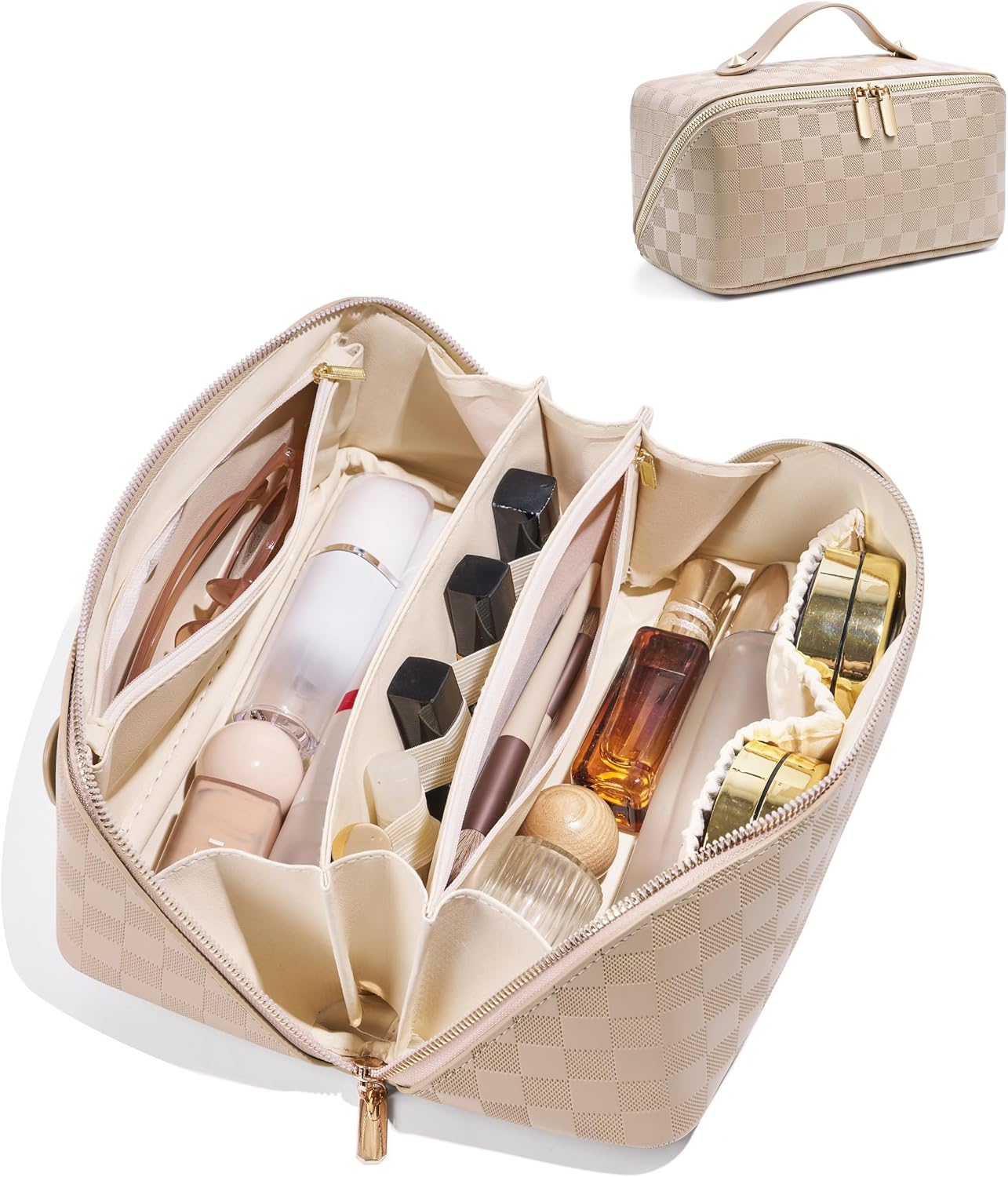 Travel Cosmetic Bag - Large Capacity Waterproof PU Leather Makeup Organizer with Dividers & Handle | Checkered Design
