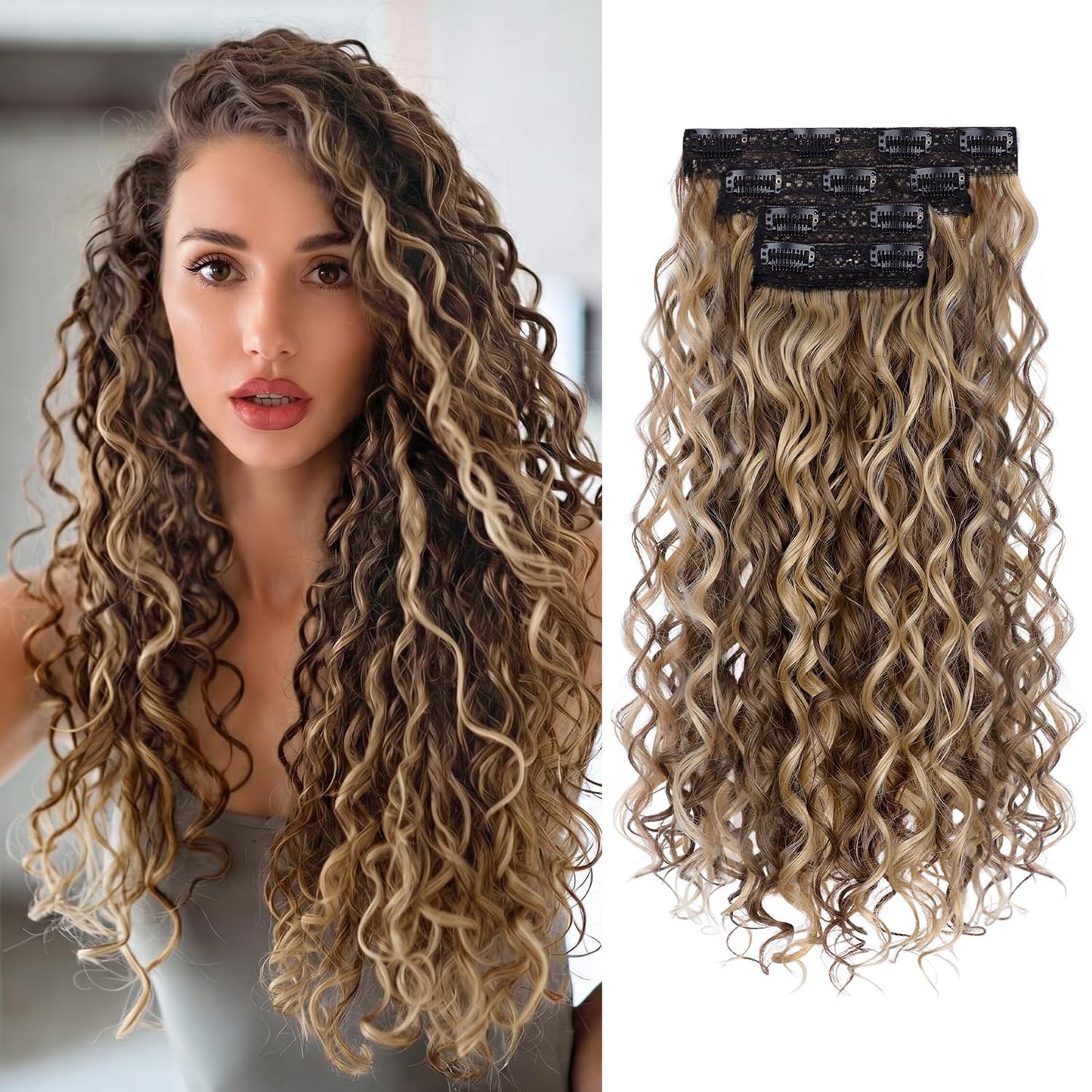 Curly Clip-In Hair Extensions - 20 Inch Thick Natural Synthetic Hairpieces | 4PCS Black