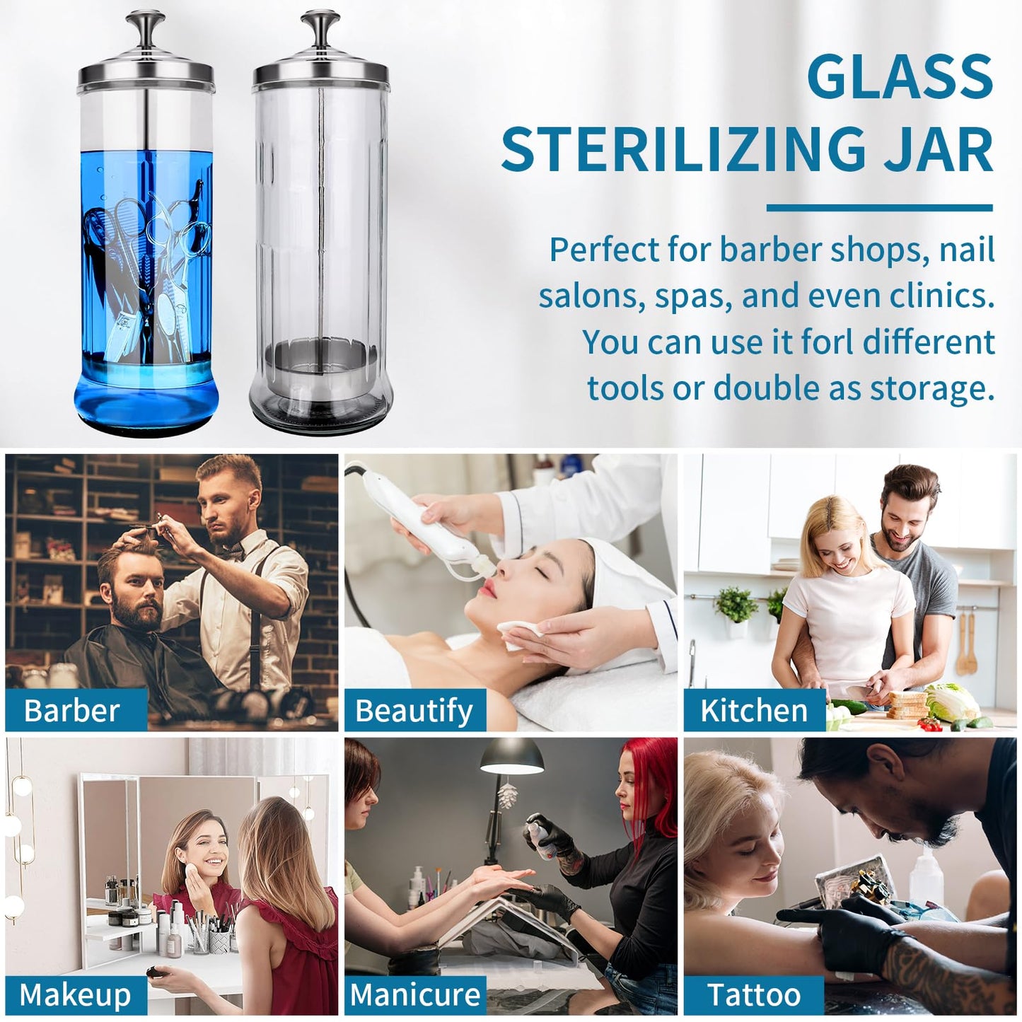Disinfectant Sterilizer Glass Jar - Capacity 37 Oz Glass with Removable Strainer Tray for Cleaning, Storage & Organization of Manicure Nail Tools & Barber Salon Supplies
