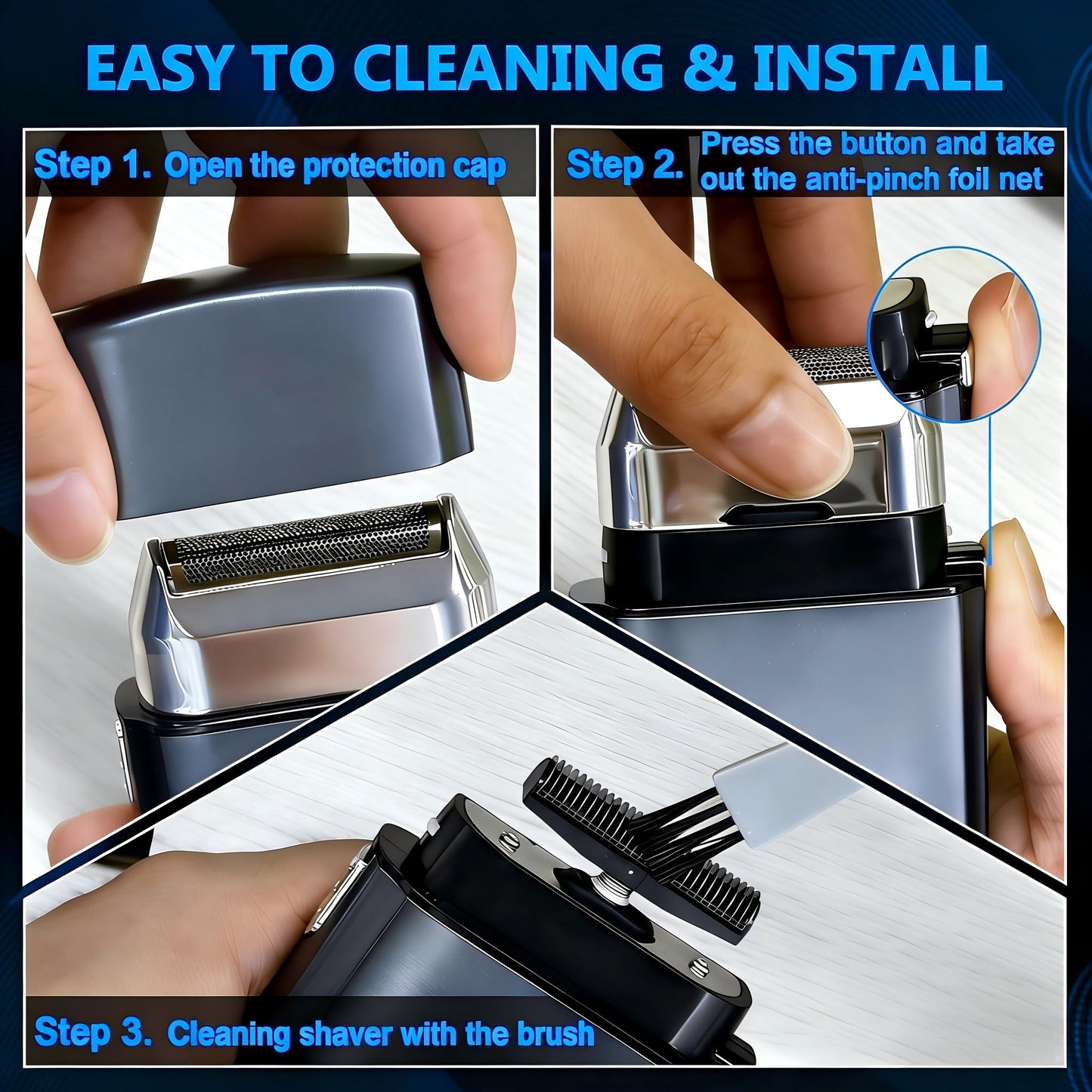 Professional Foil Shaver for Men, Rechargeable Cordless Electric Razor for Ultra-Close Shave, Travel-Friendly Design with Protective Cap & Pouch, High-Speed Powerful Motor - Grey