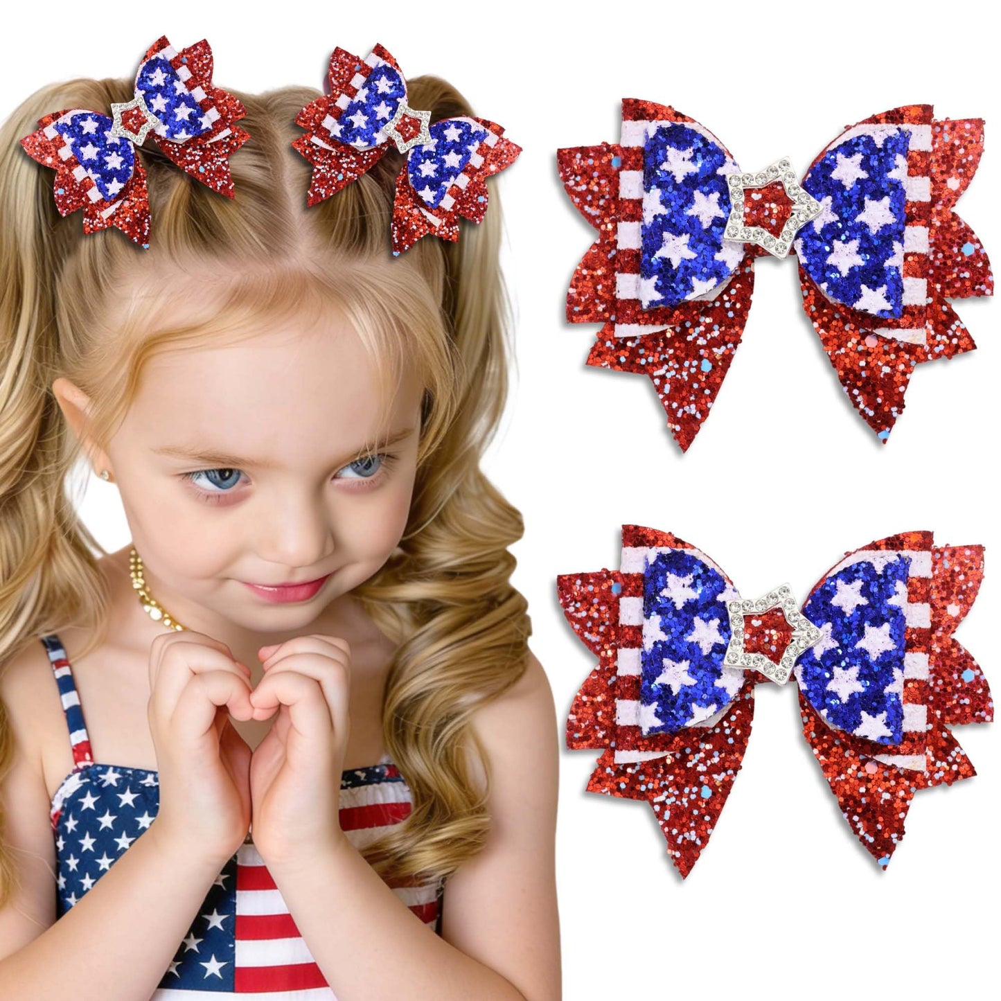 FARSYOD Fourth of July Hair Bow Glitter Patriotic Bows American Flag Print Bowknot Barrettes Sparkly Red White Blue Hairpin Cute Hair Accessories for 4th of July Independence Day