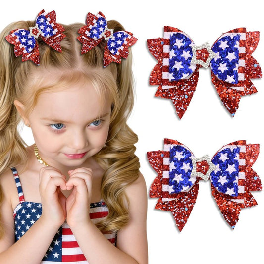 FARSYOD Fourth of July Hair Bow Glitter Patriotic Bows American Flag Print Bowknot Barrettes Sparkly Red White Blue Hairpin Cute Hair Accessories for 4th of July Independence Day