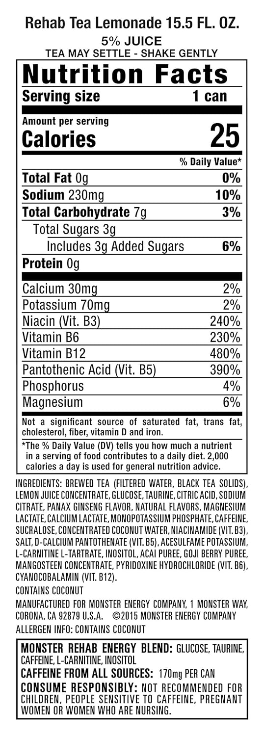 Monster Rehab Iced Tea - Lemonade Energy Drink, 15.5 Ounce | Refreshing Energy Boost
