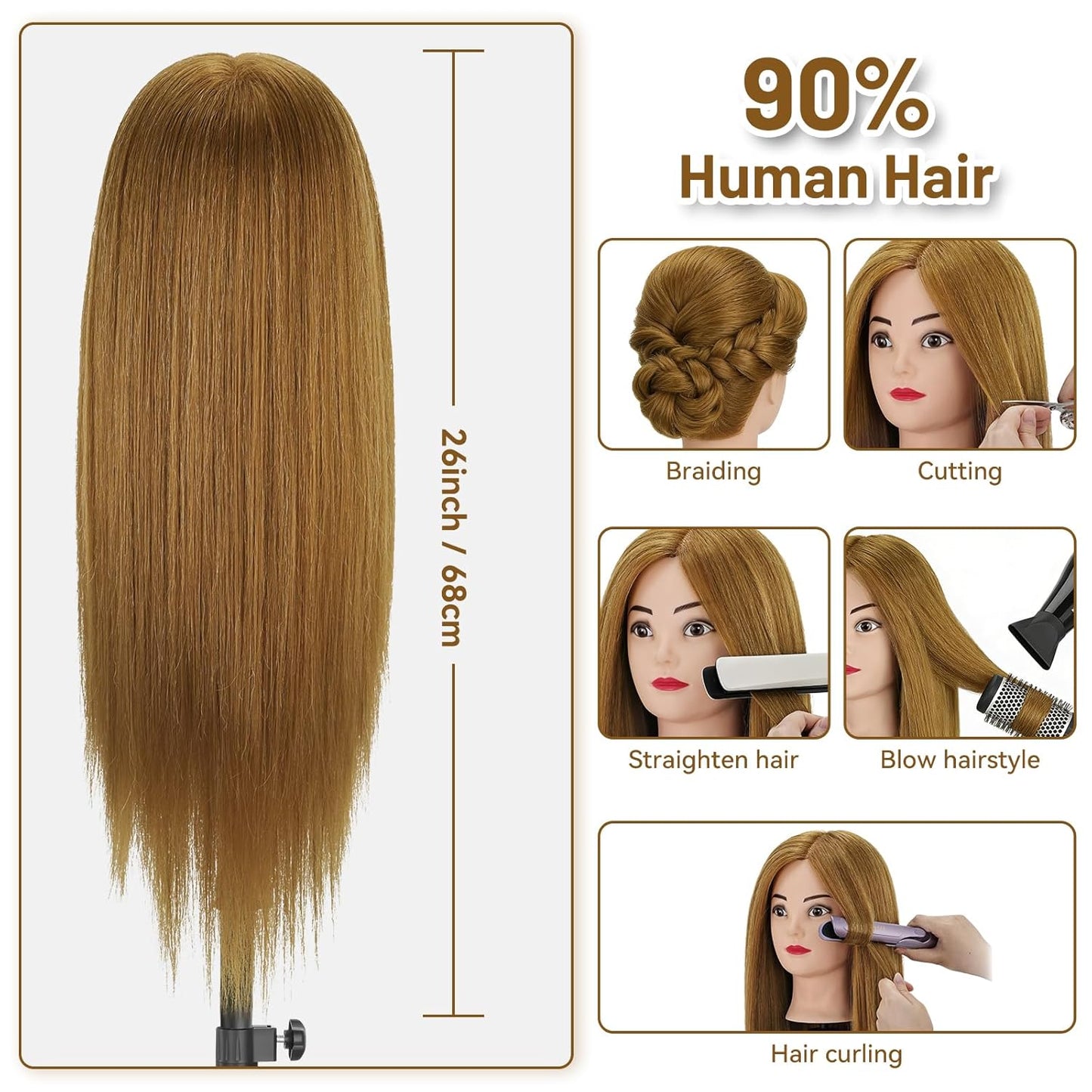 Mannequin Head - 90% Human Hair Styling Head for Cosmetology | 26"-28" Hairdressing Training Doll with Clamp & Styling Set