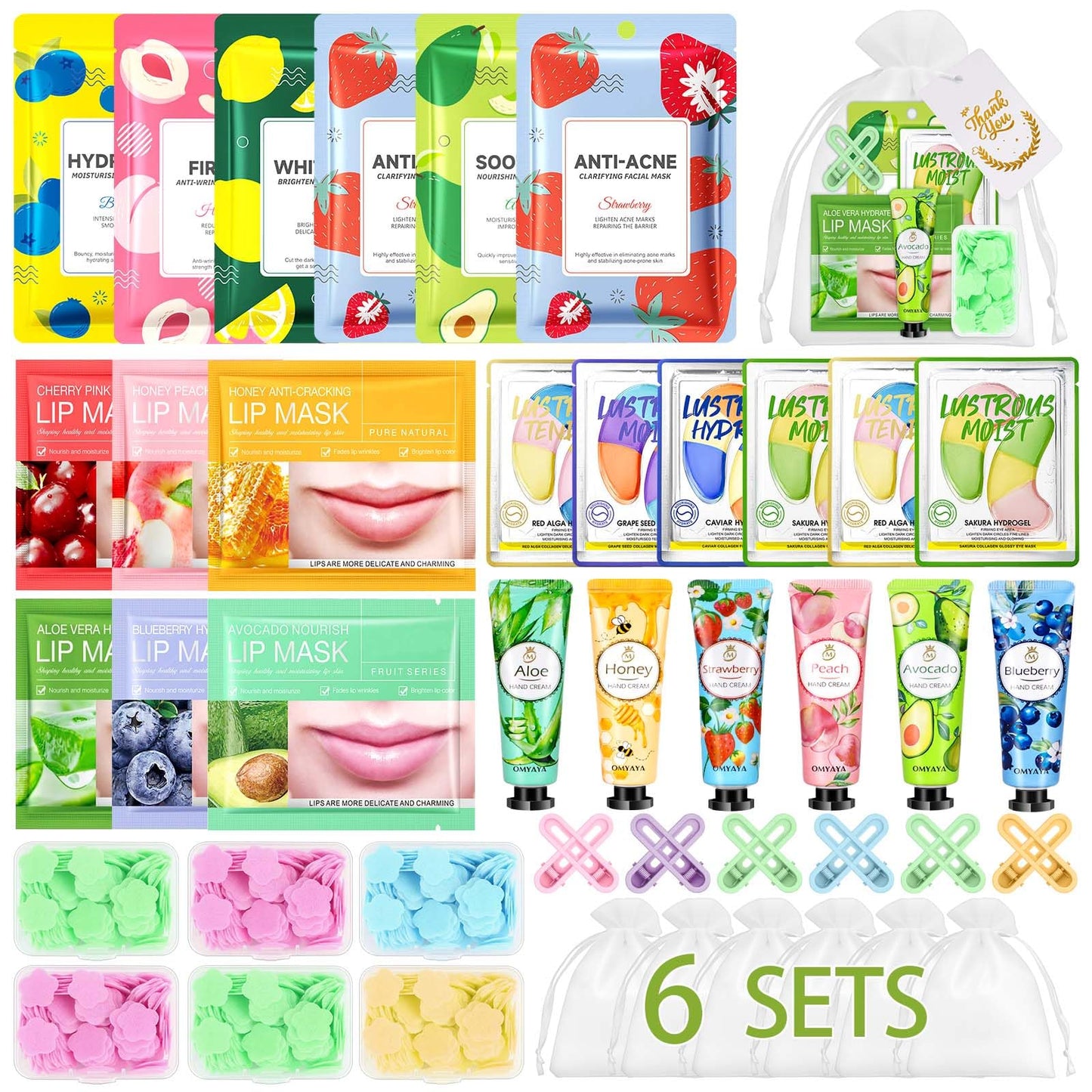 ZKONLY 48PCS Bulk Gifts, Spa Party Favors Supplies With Face Masks, Mini Hand Cream, Hair Clips, Lip Mask, Under Eye Patches and Hand Washing Soap Sheets For Party Favors,Group Gifts, Thank You Gifts