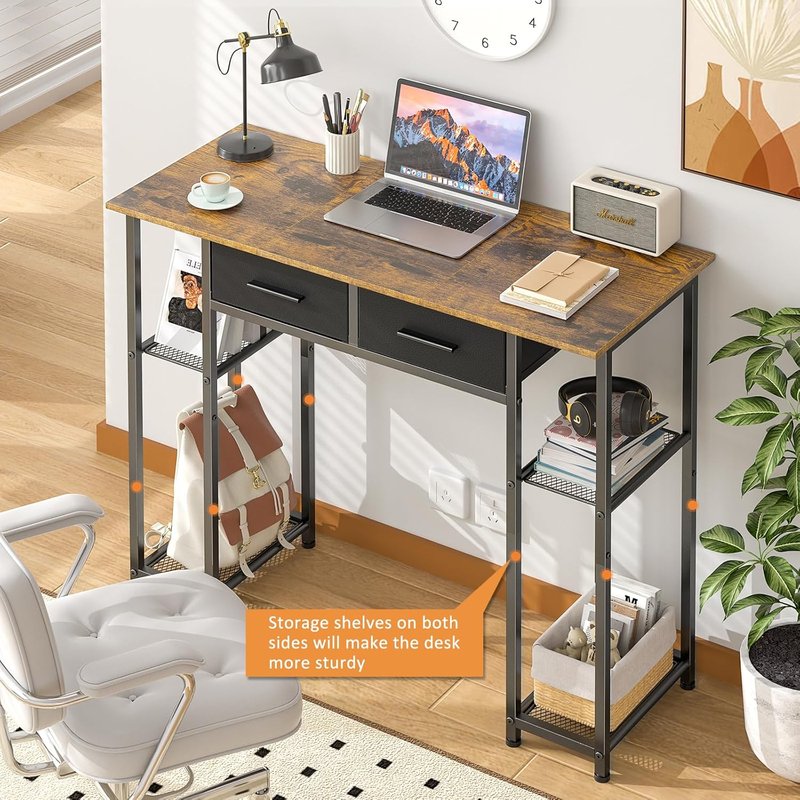 Computer Desk with Drawers - 37.3 Inch Home Office Workstation | Small Space Study Table in Brown