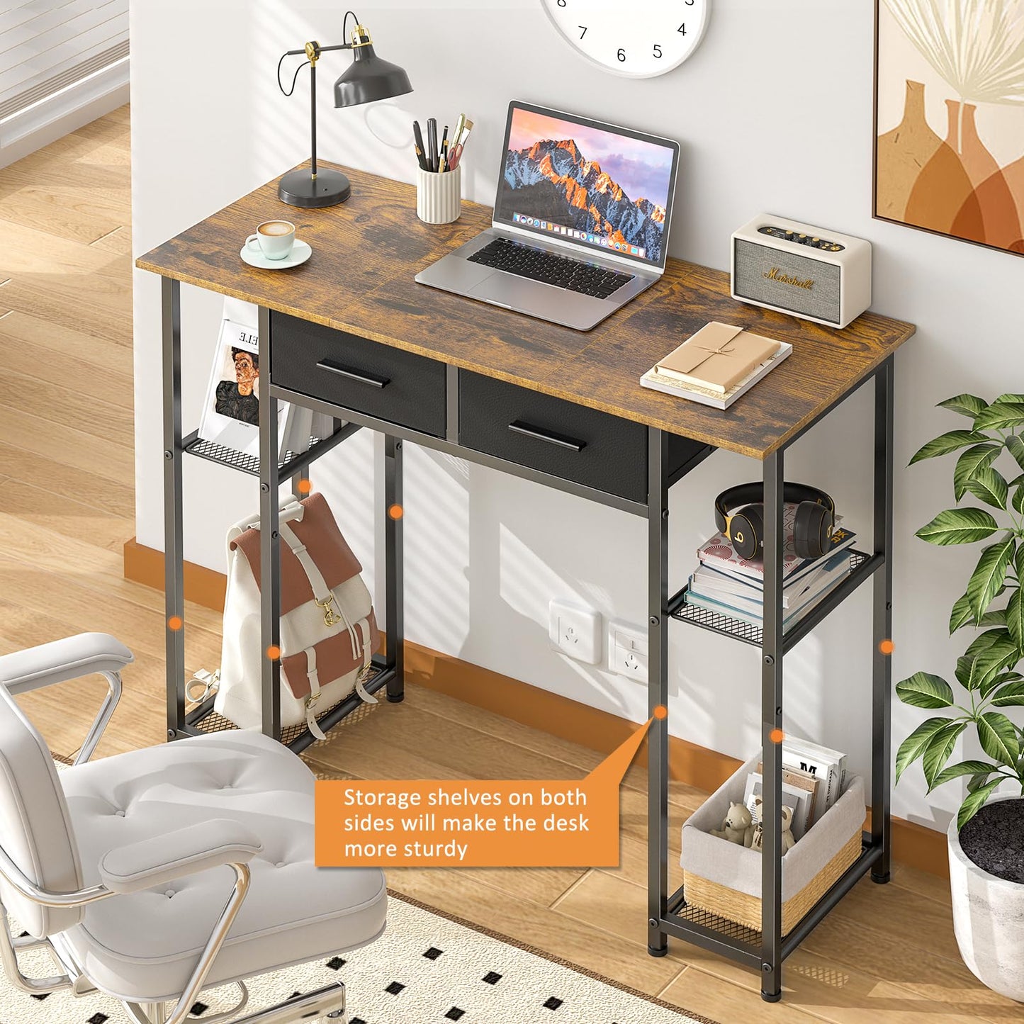 DAOUTIME Computer Desk with Drawers, 37.3 Inch Home Office Work Desk with Storage Shelf, Kids Teens Study Table for Small Space, Small Writing PC Table for Bedroom Makeup Vanity Desk, Brown