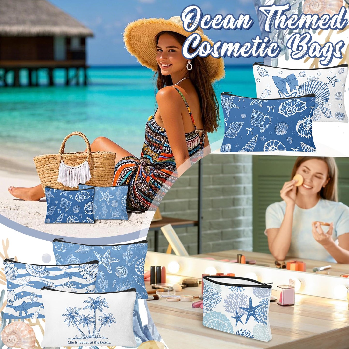 HSDSH 30 Pcs Coastal Makeup Bags Blue Bow Seashell Makeup Bag Ocean Themed Cosmetic Bags Bulk Portable Travel Toiletry Pouches Beach Gifs for Women Nautical Party Favors Beach Accessories
