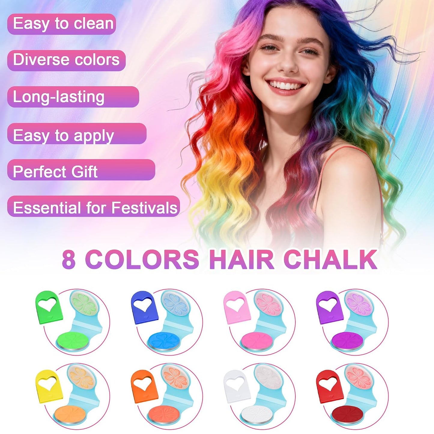 Temporary Hair Chalk - UV Glow Neon Hair Dye Makeup Kit | 8 Washable Colors for Parties & Cosplay